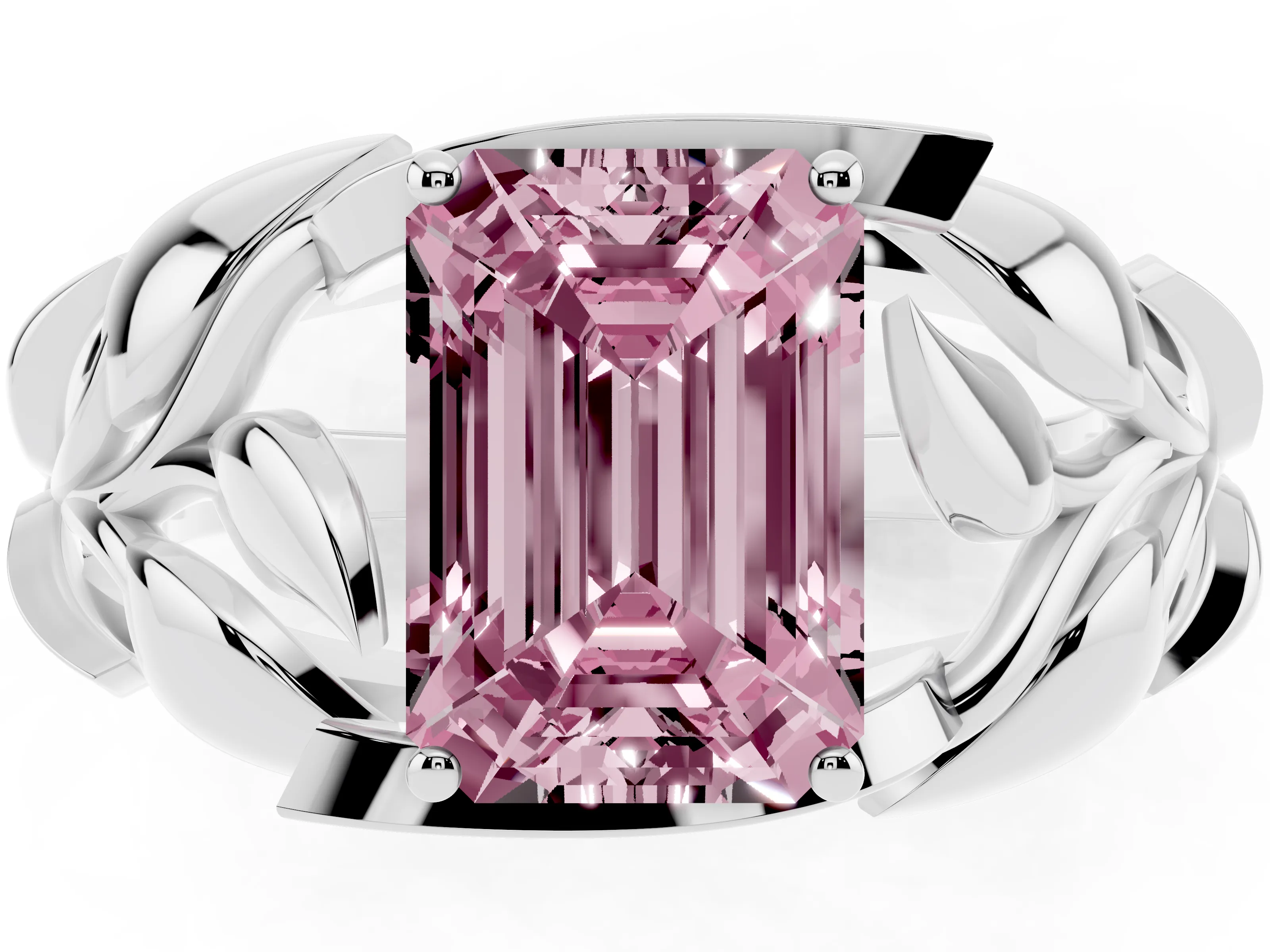 Fancy Pink Emerald Cut Diamond Leaf-Inspired Engagement Ring Set in Platinum with Round Accents