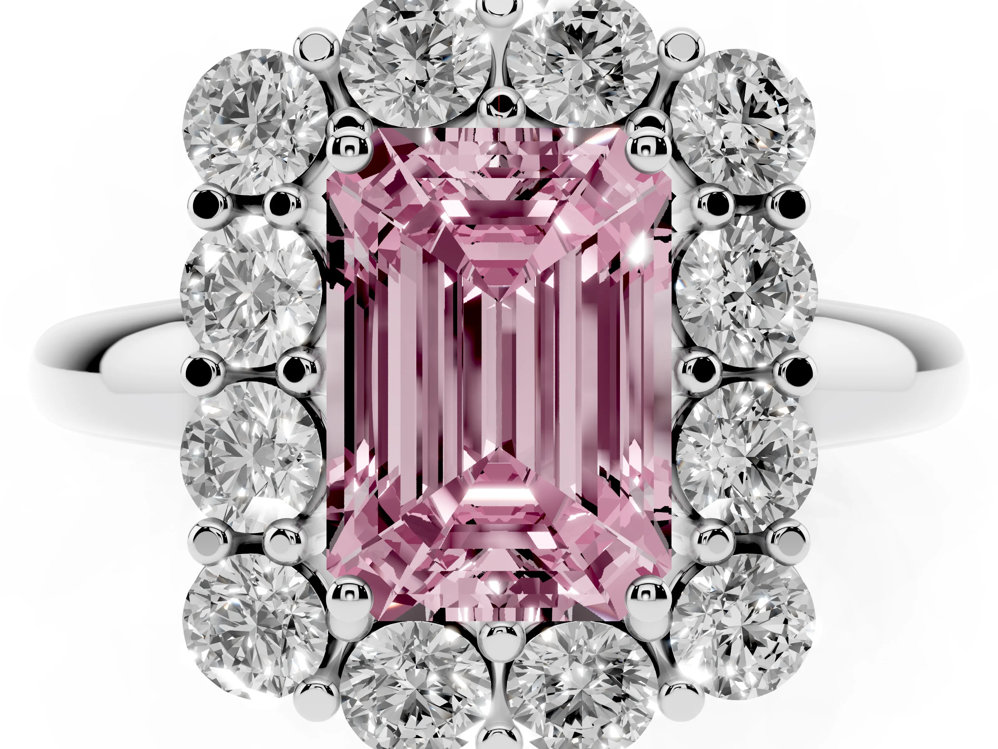Fancy Pink Emerald Cut Diamond Halo Cluster Engagement Ring Set in White gold with Polished Band and Prong Setting