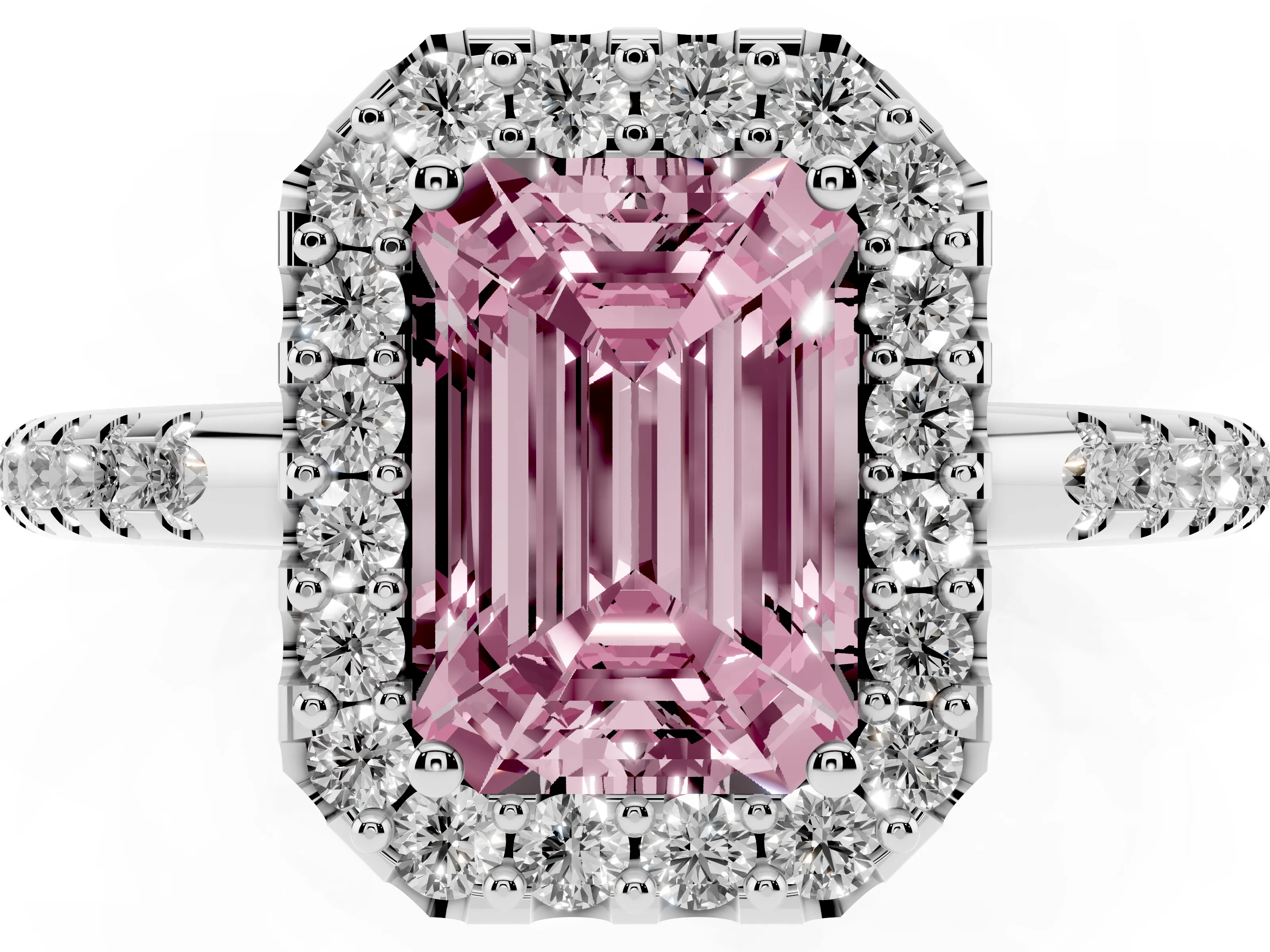 Fancy Pink Emerald Cut Diamond Pavé Halo Ring Set in Silver with Prong Setting