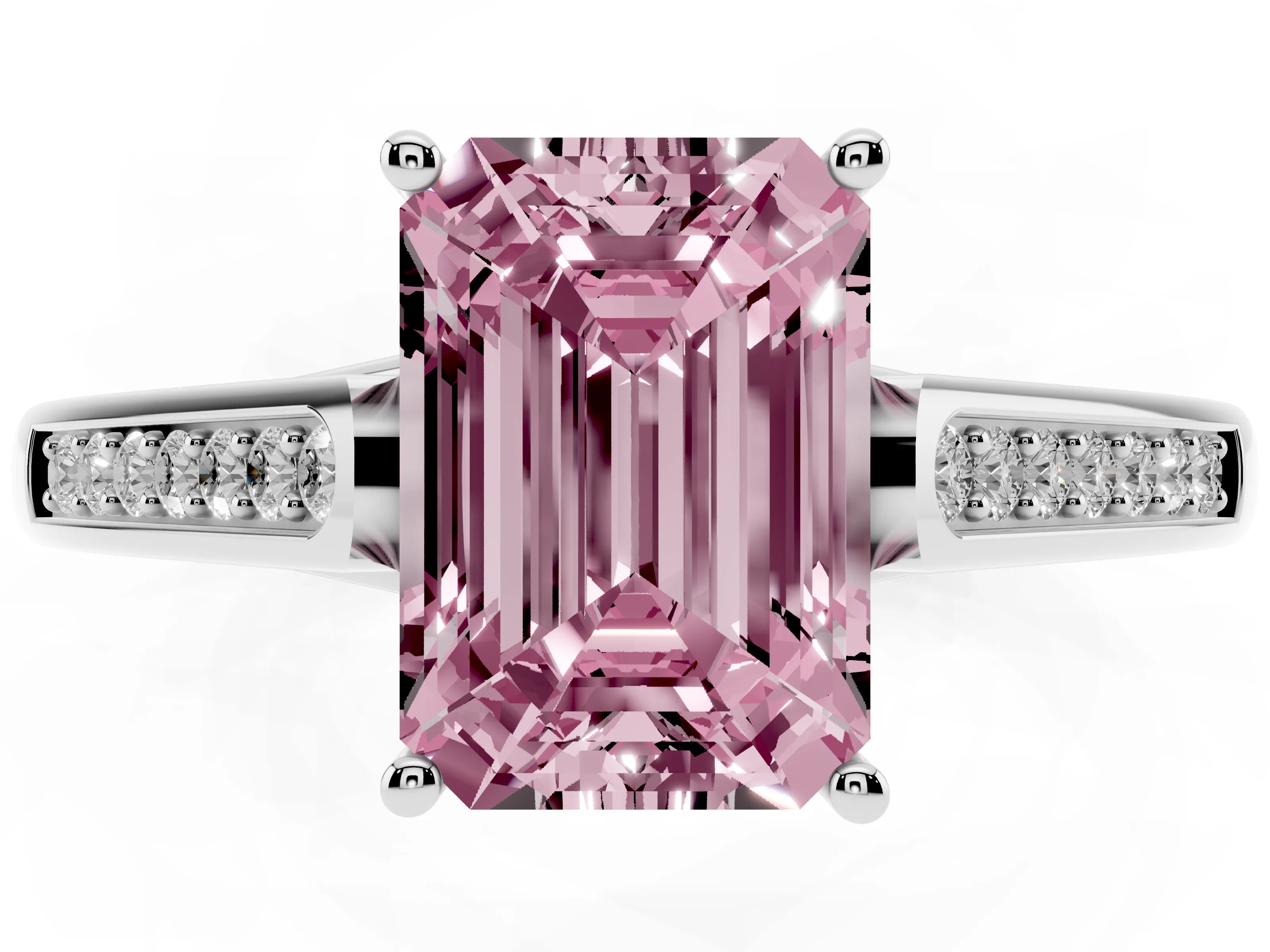 Fancy Pink Emerald Cut Diamond Solitaire Cathedral Engagement Ring Set in White gold with Channel-Set Band and Prong Setting