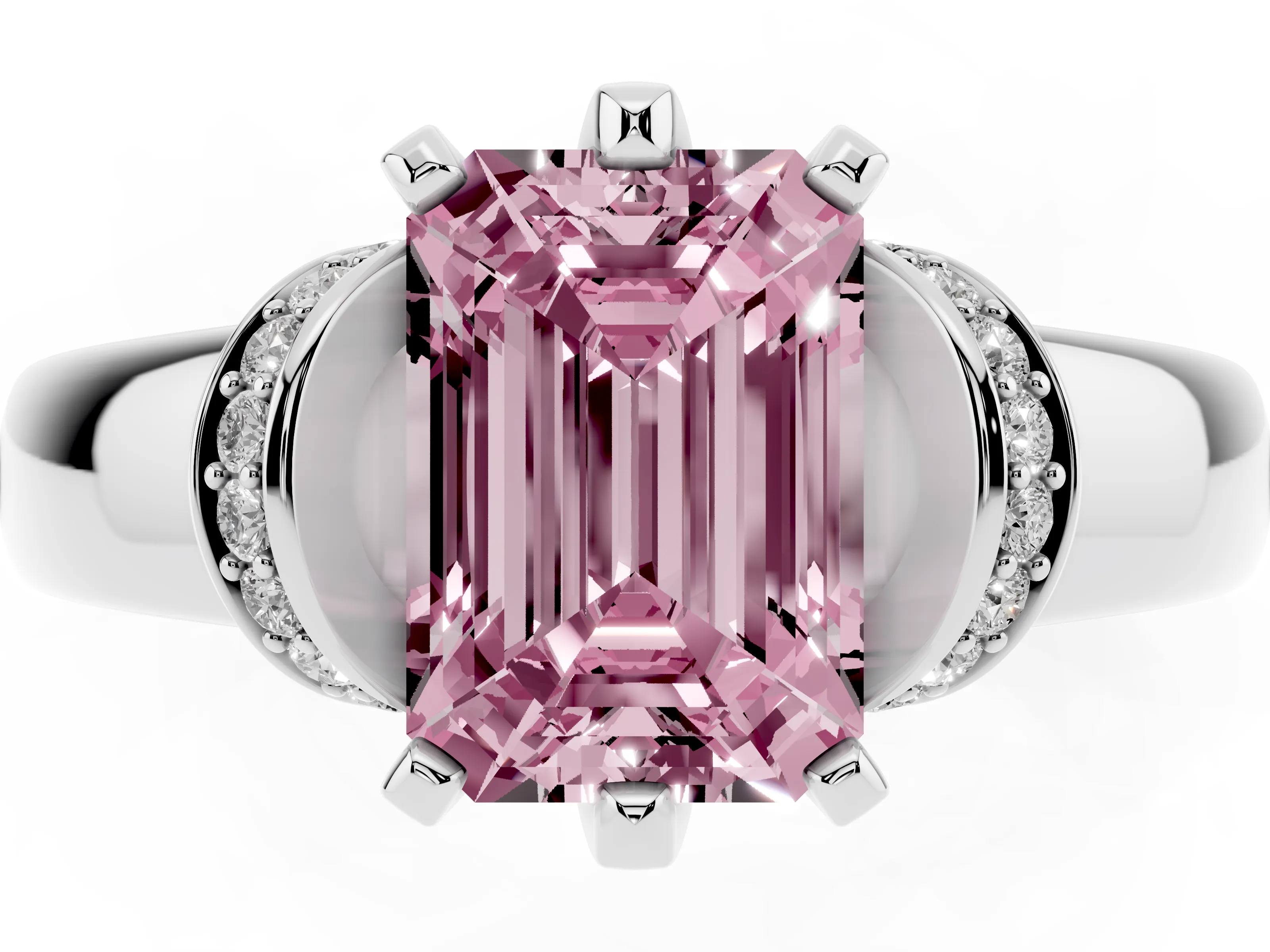 Fancy Pink Emerald Cut Diamond Pavé Band Solitaire Ring Set in White gold with Prong Setting