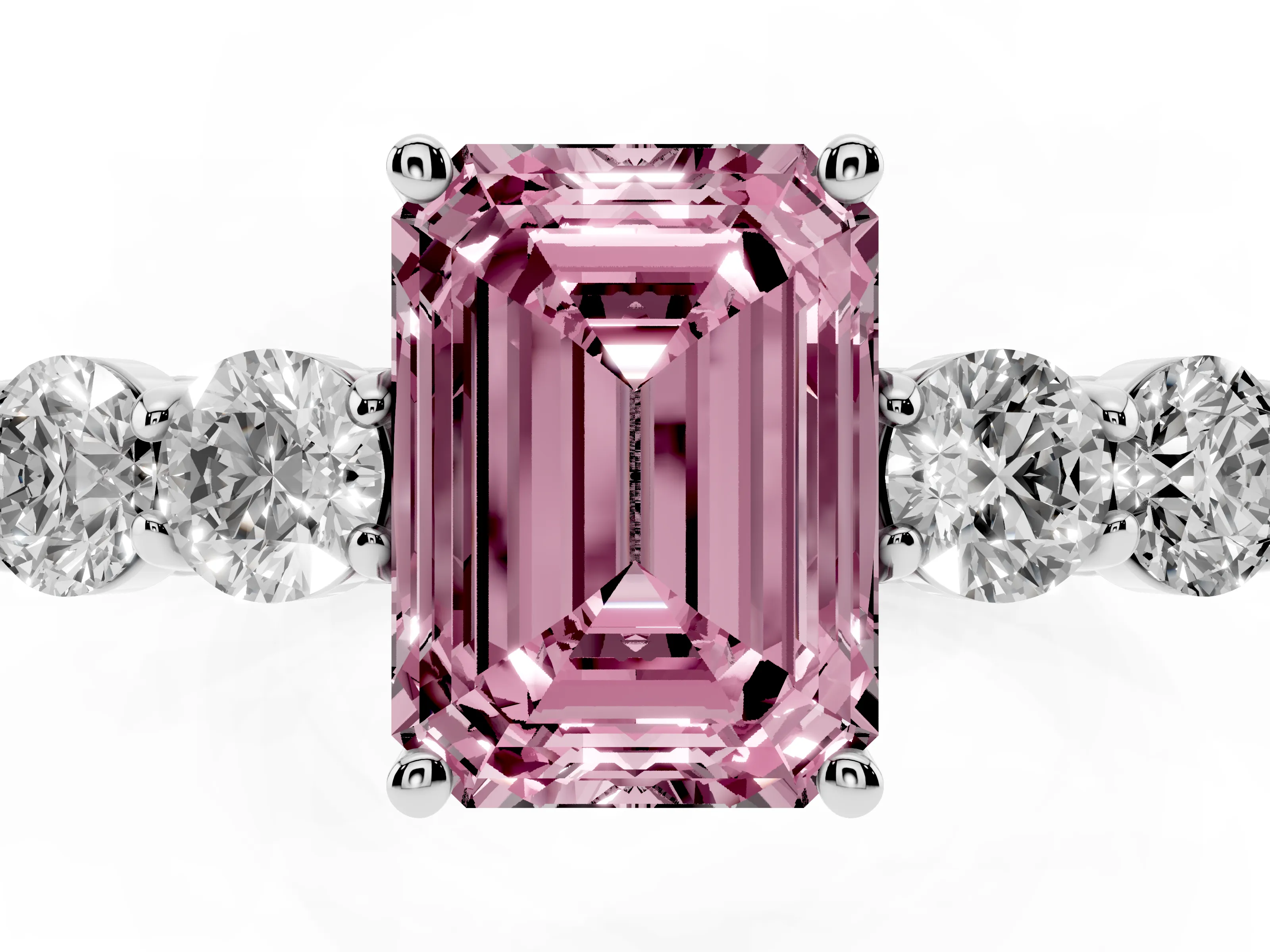 Fancy Pink Emerald Cut Diamond Five-Stone Prong Set Band Ring Set in Platinum with Polished Band