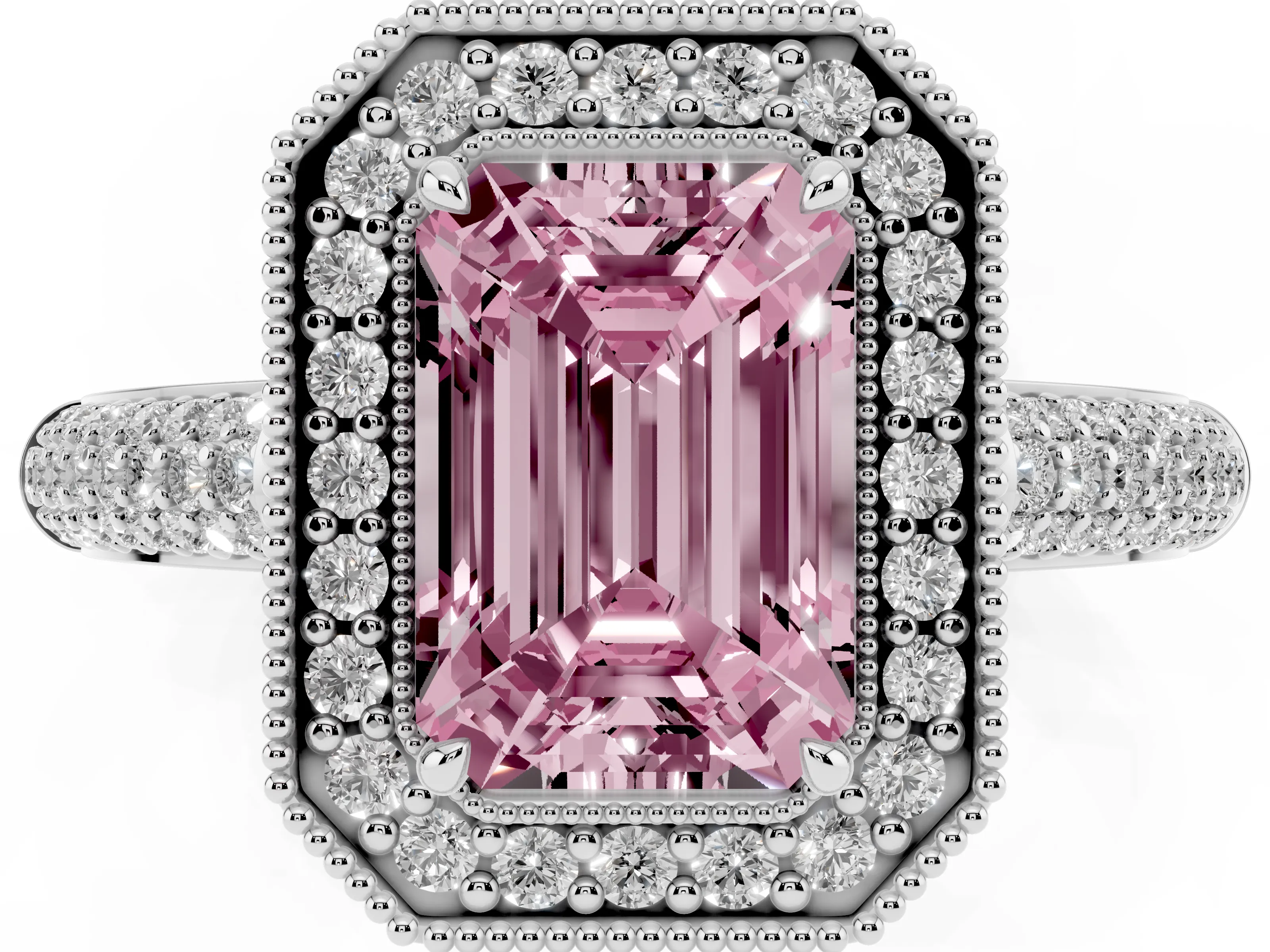 Fancy Pink Emerald Cut Diamond Halo Pavé Band Set in Silver with Prong Setting