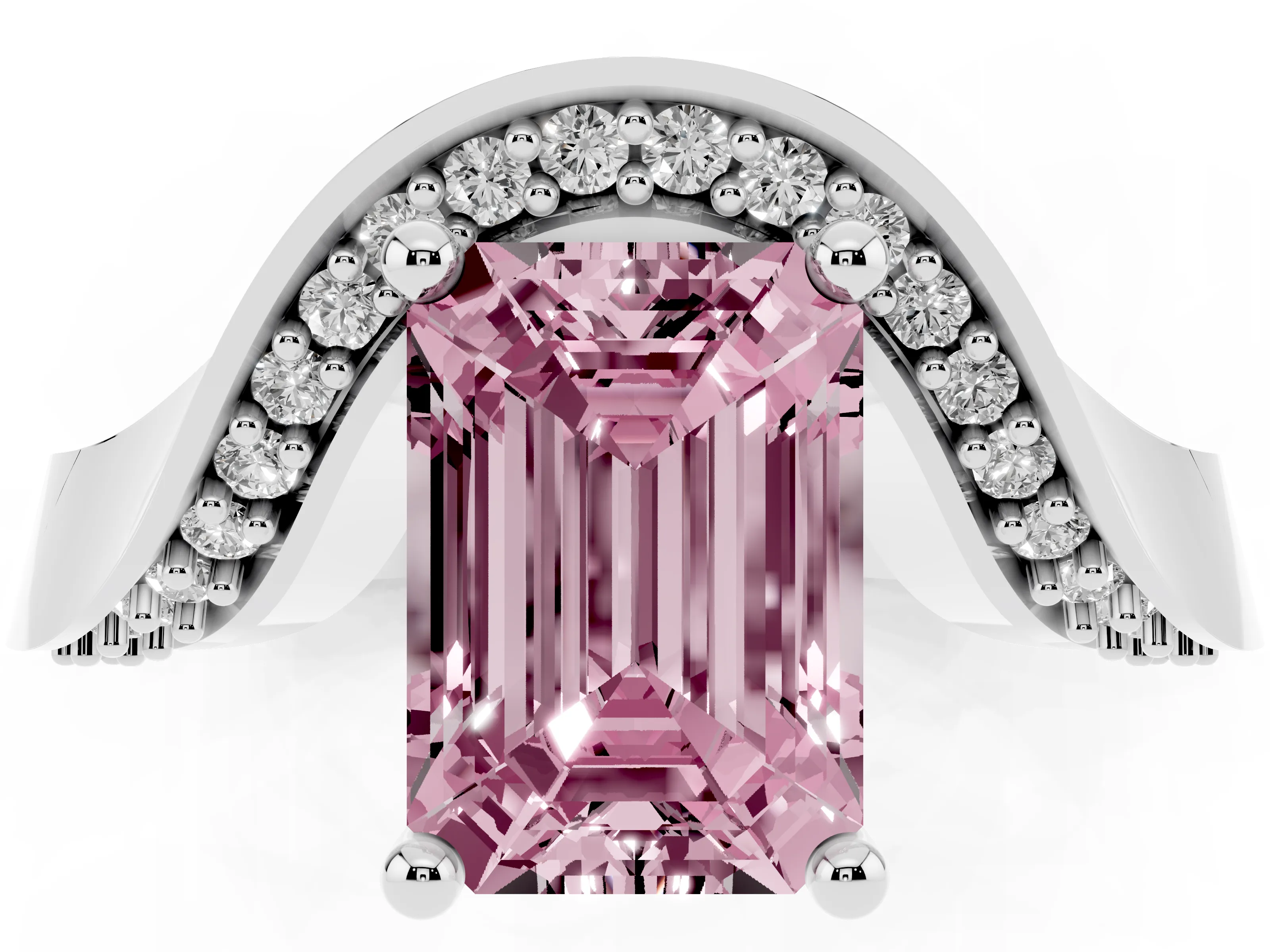 Fancy Pink Emerald Cut Diamond Solitaire Engagement Ring Set in Silver with Pavé Shoulders
