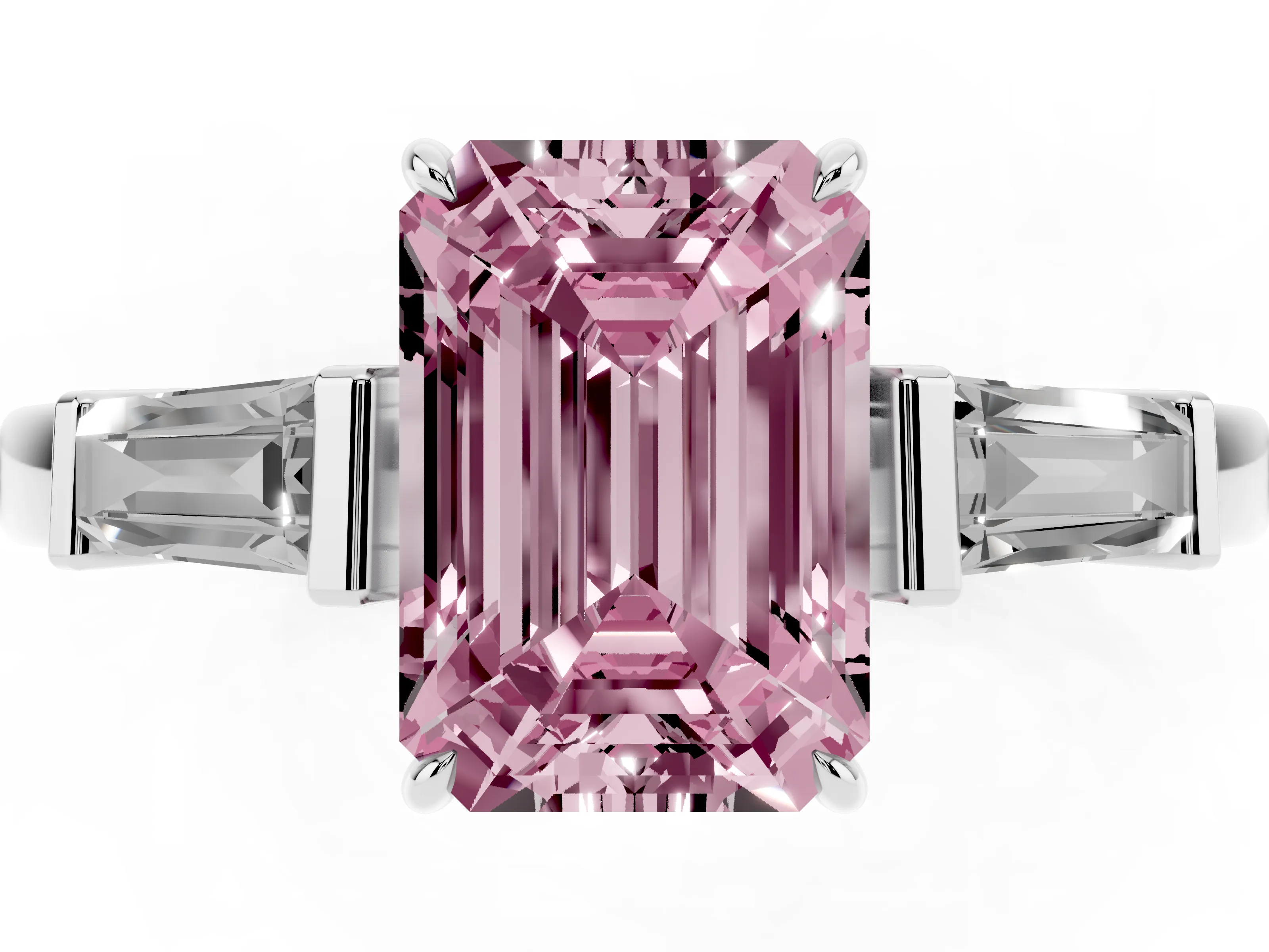 Fancy Pink Emerald Cut Diamond Three-Stone Ring Set in Platinum with Tapered Baguette Side Stones and Prong Setting