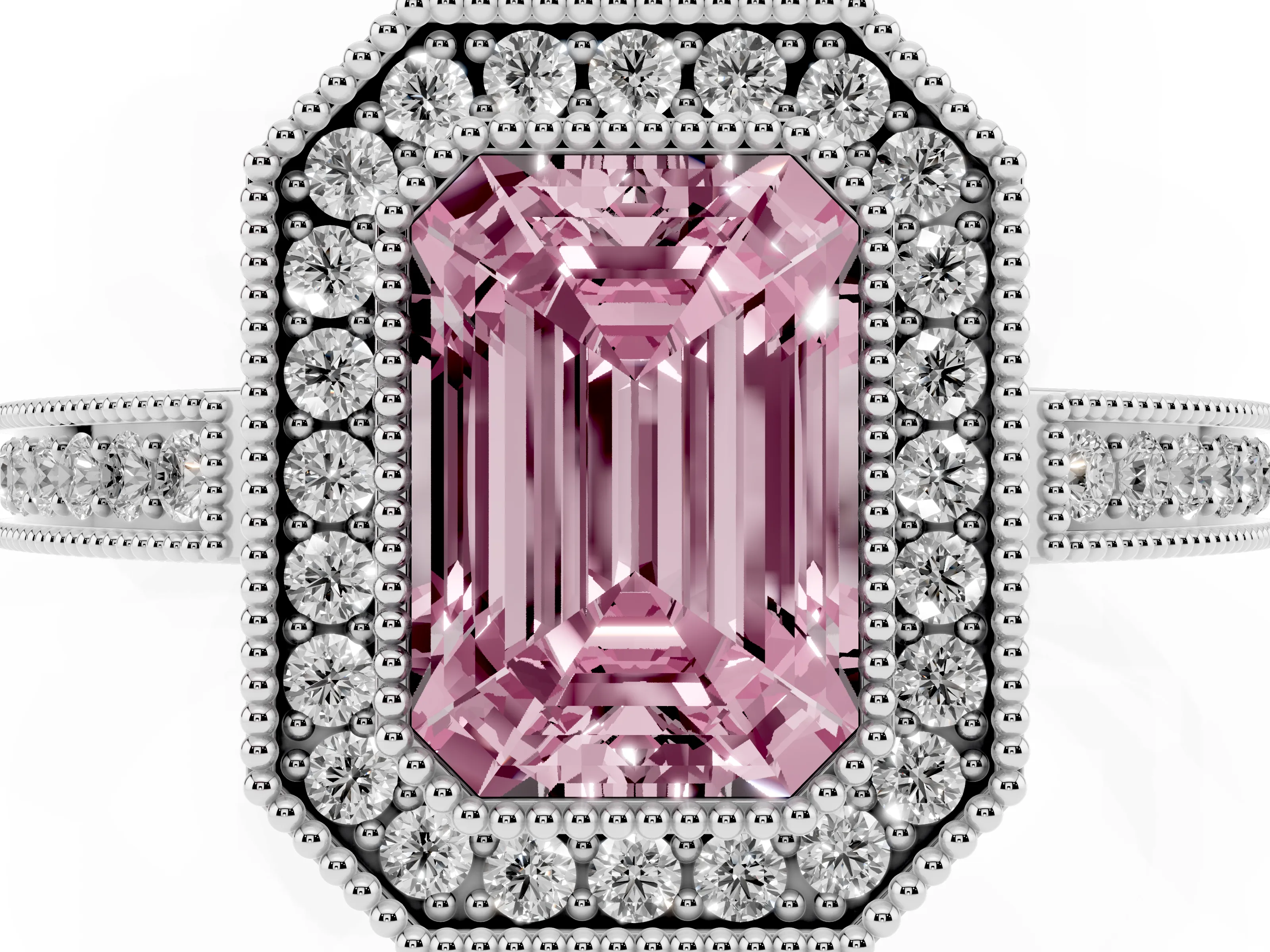 Fancy Pink Emerald Cut Diamond Halo Ring Set in White gold with Pavé Band and Milgrain-Edged Prongs