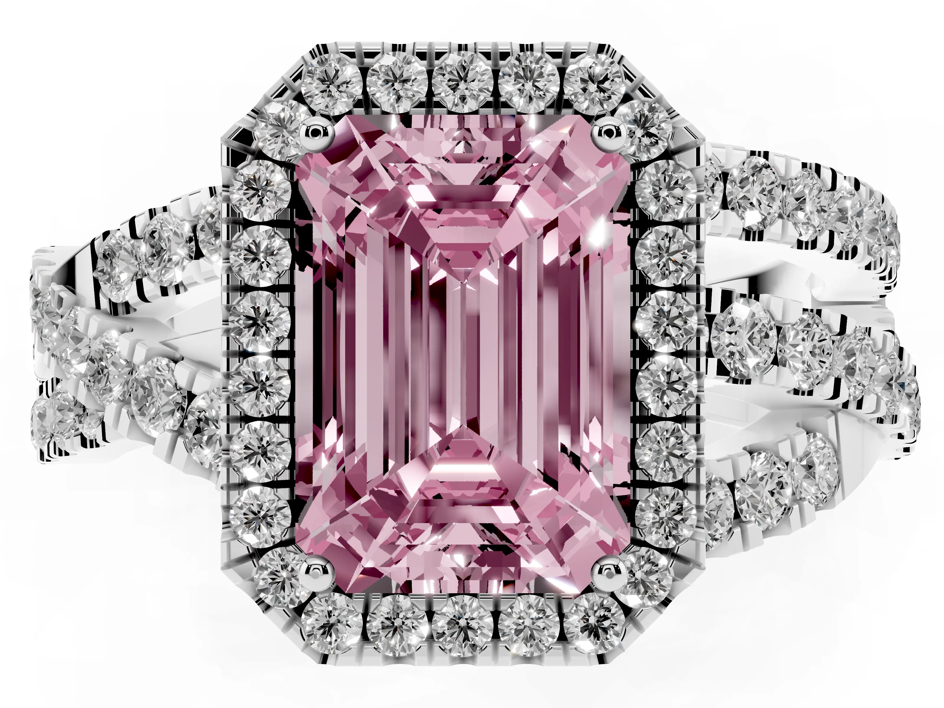 Fancy Pink Emerald Cut Diamond Halo Ring Set in Platinum with Round Crossover Split Shank and Prong Setting
