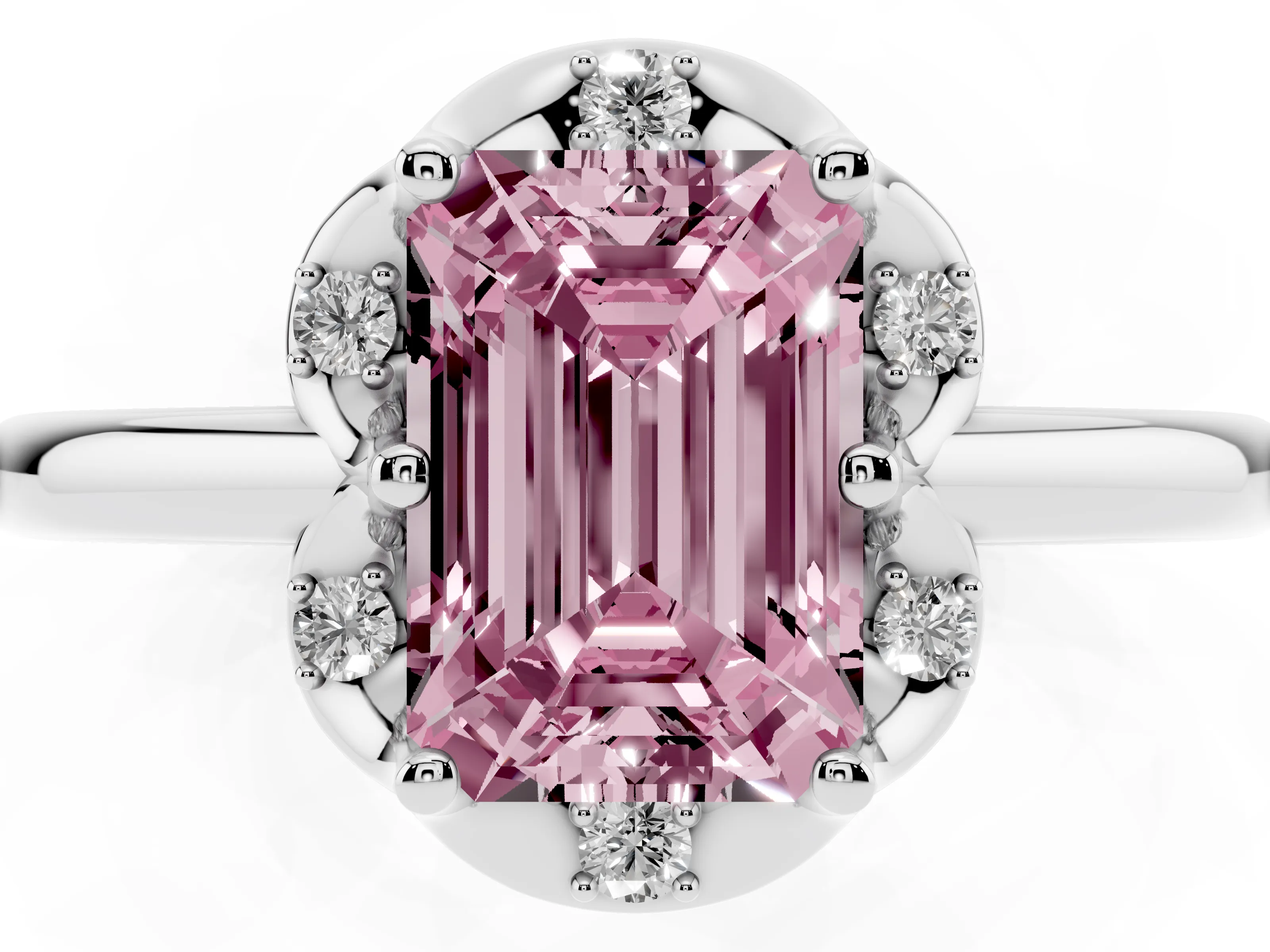 Fancy Pink Emerald Cut Diamond Round Cluster Halo Ring Set in Silver with Solitaire Band and Prong Setting