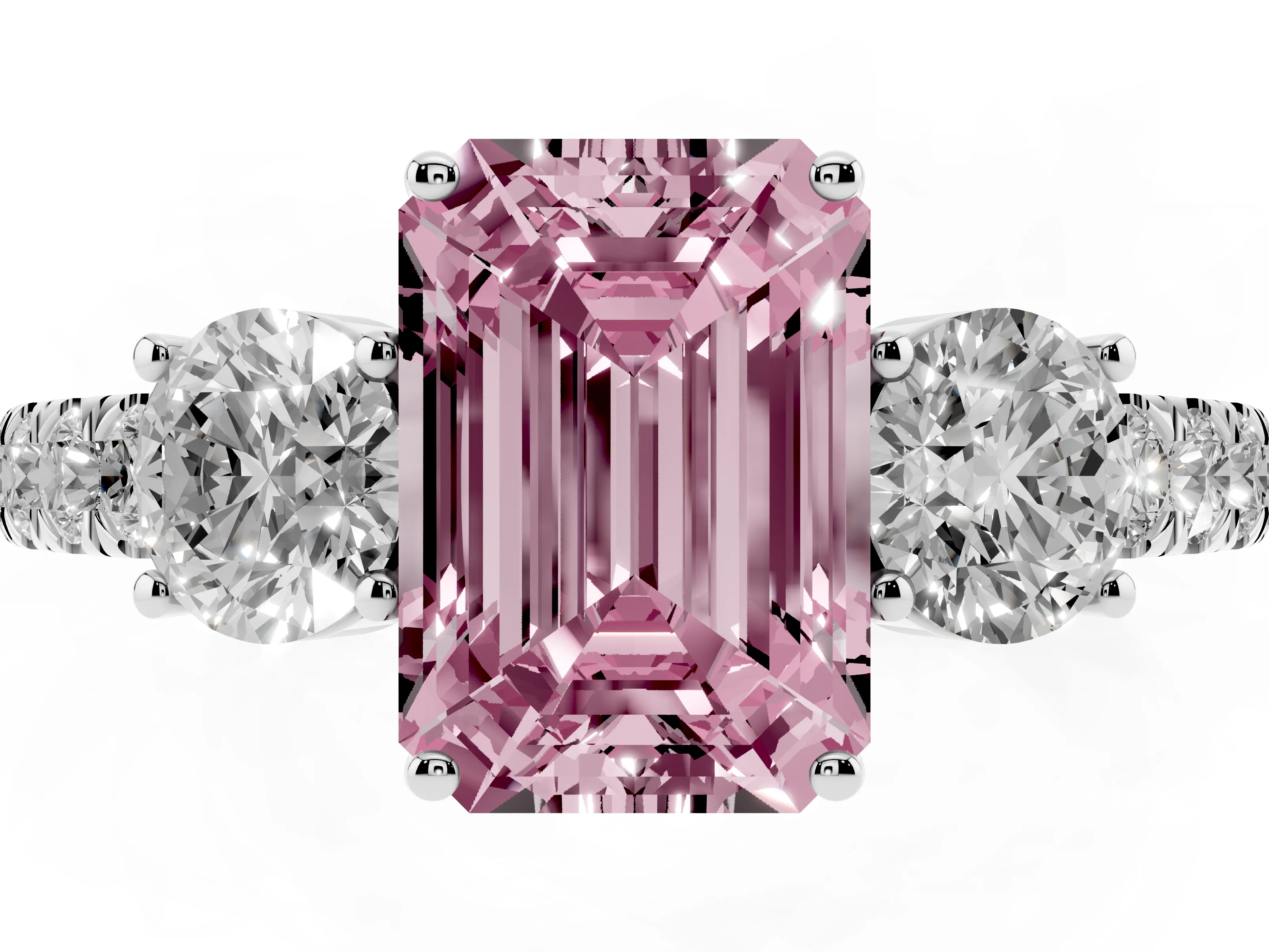 Fancy Pink Emerald Cut Diamond Three-Stone Ring Set in White gold with Round Side Stones and Delicate Pavé Band