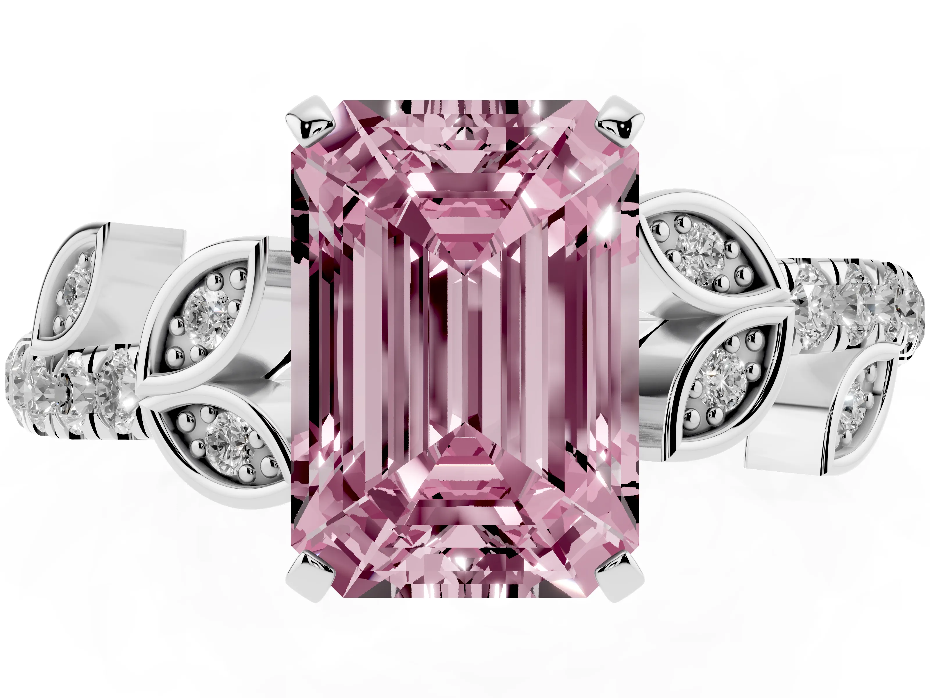 Fancy Pink Emerald Cut Diamond Solitaire Leaf-Inspired Ring Set in Platinum with Pavé Band and Prong Setting