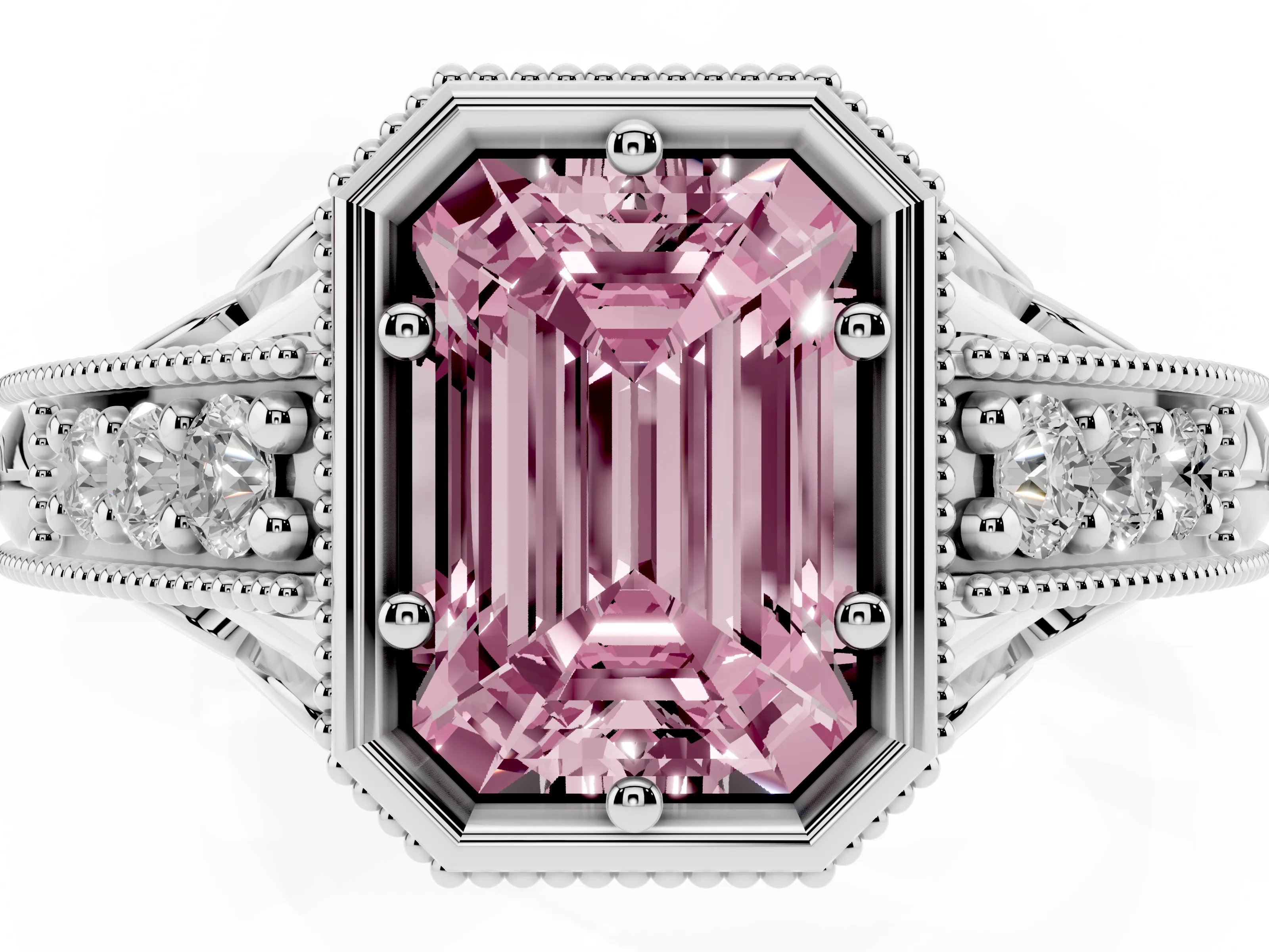 Fancy Pink Bezel Set Emerald Cut Diamond Milgrain Pavé Engagement Ring Set in Platinum