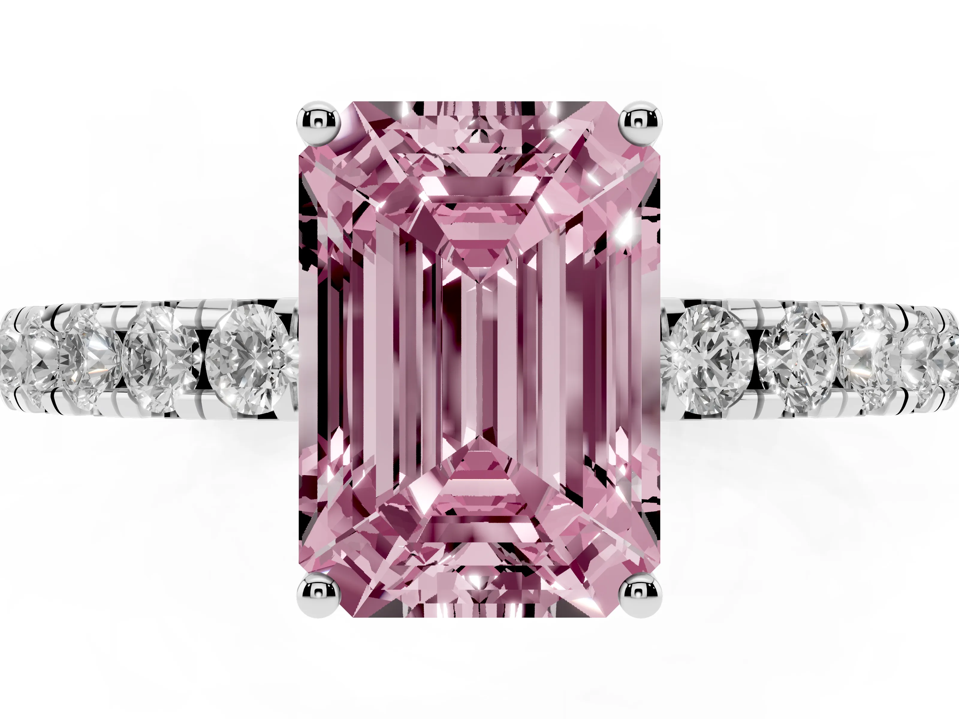 Fancy Pink Emerald Cut Diamond Pavé Solitaire Engagement Ring Set in Platinum with Prong Setting