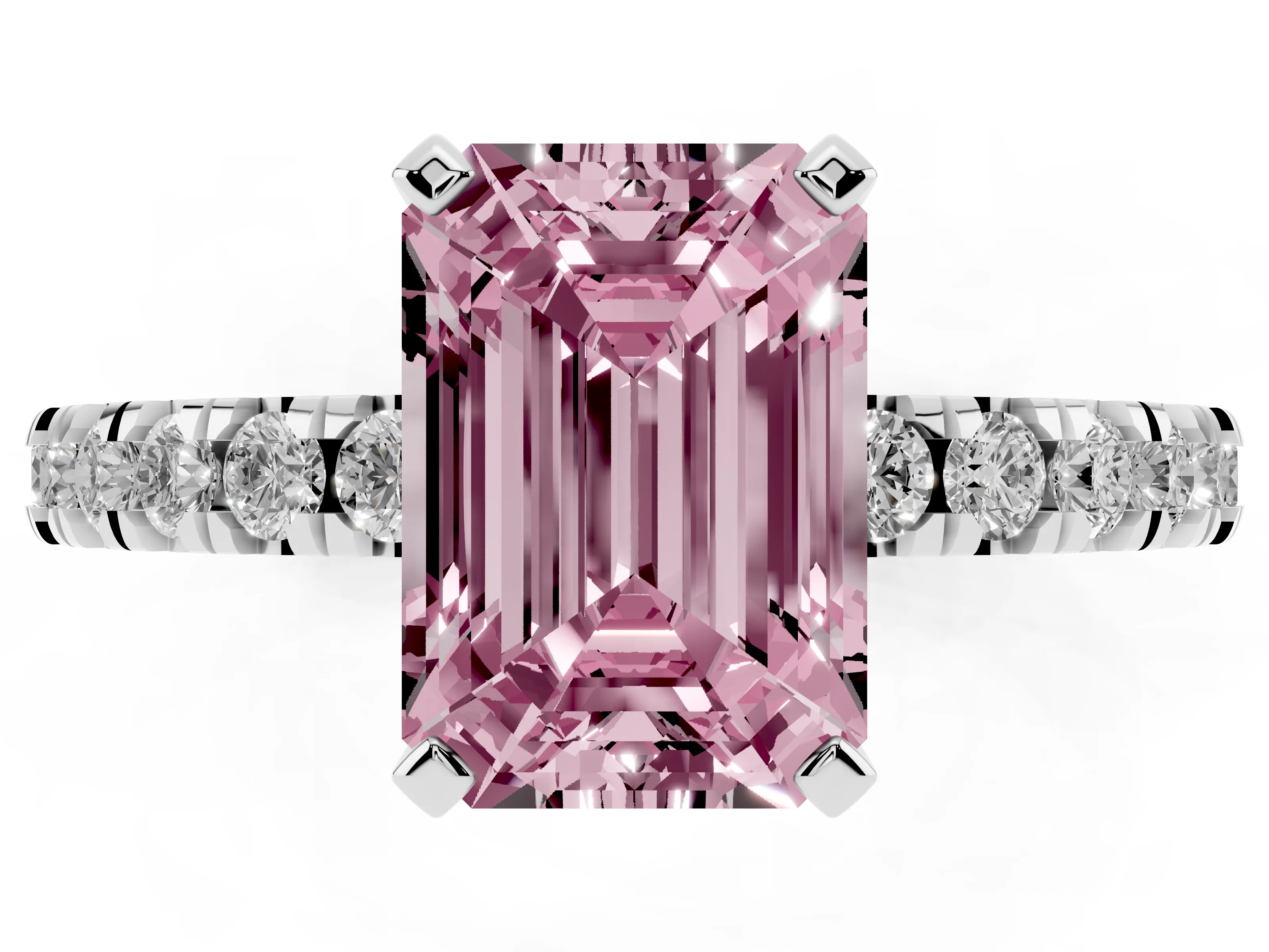 Fancy Pink Emerald Cut Diamond Pavé Band Solitaire Set in Platinum with Prong Setting