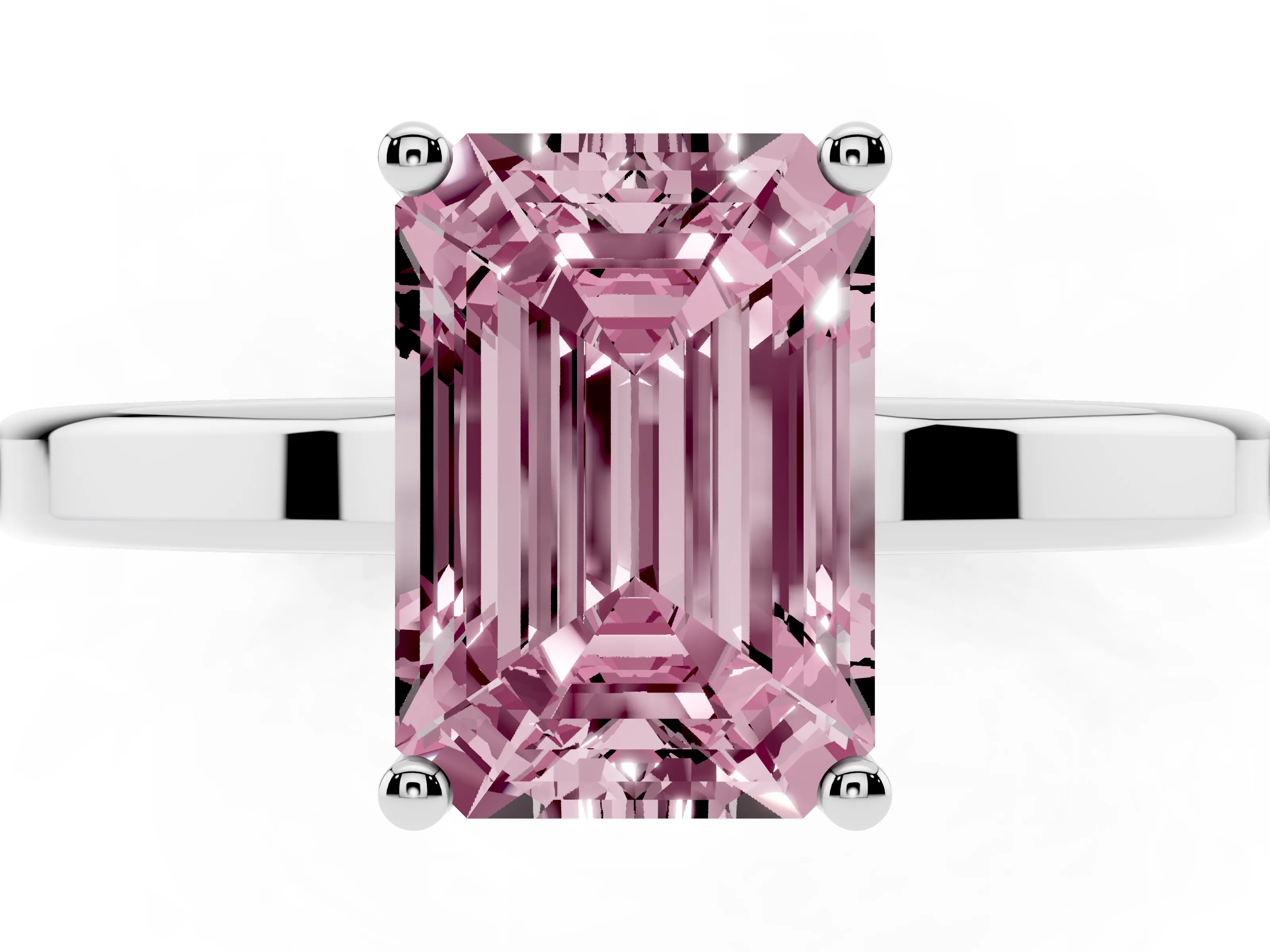 Fancy Pink Emerald Cut Diamond Solitaire Engagement Ring Set in Platinum with Prong Setting on a Plain Band