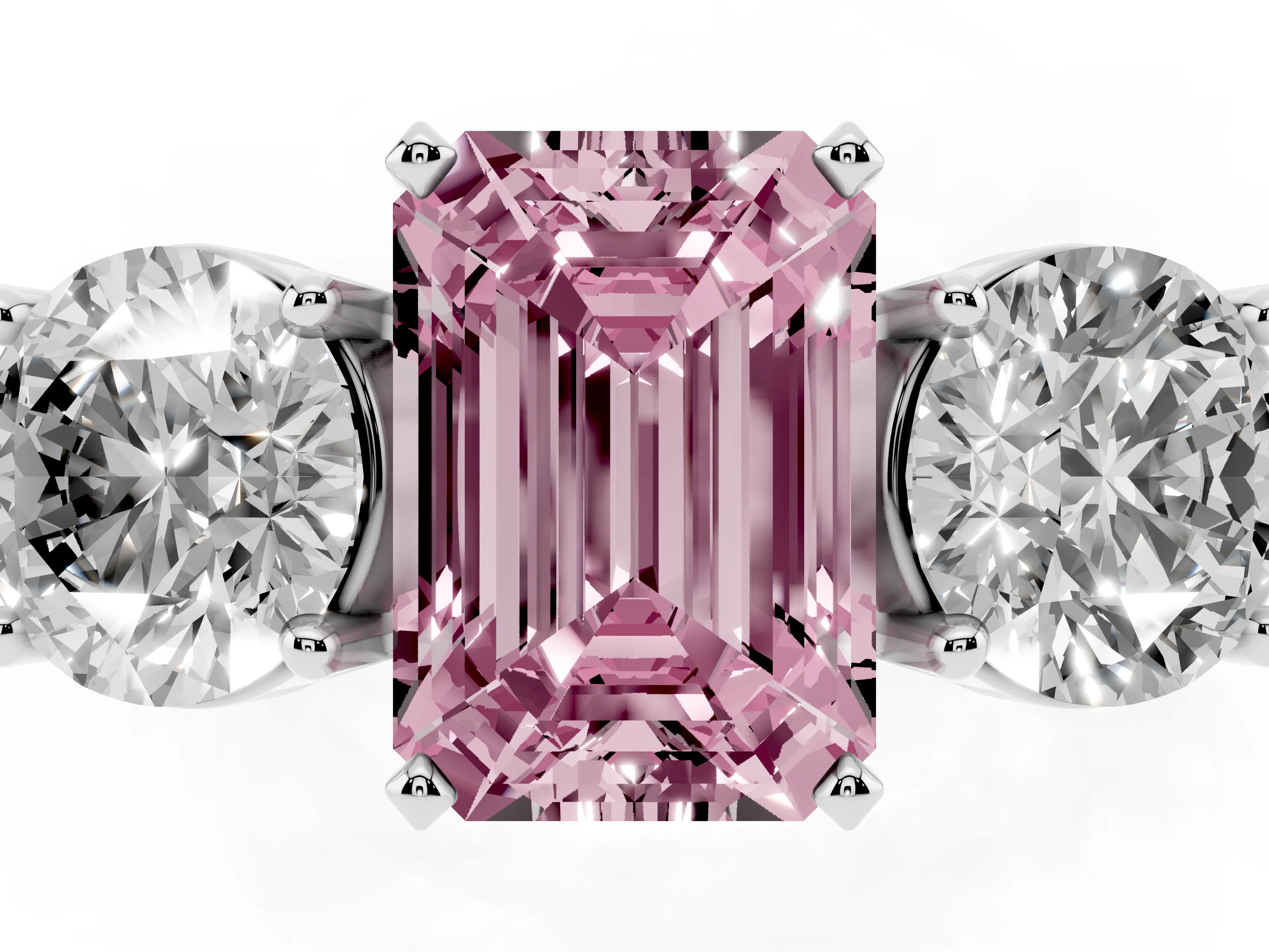 Fancy Pink Emerald Cut Diamond Three-Stone Ring Set in Silver with Round Side Stones and Classic Band