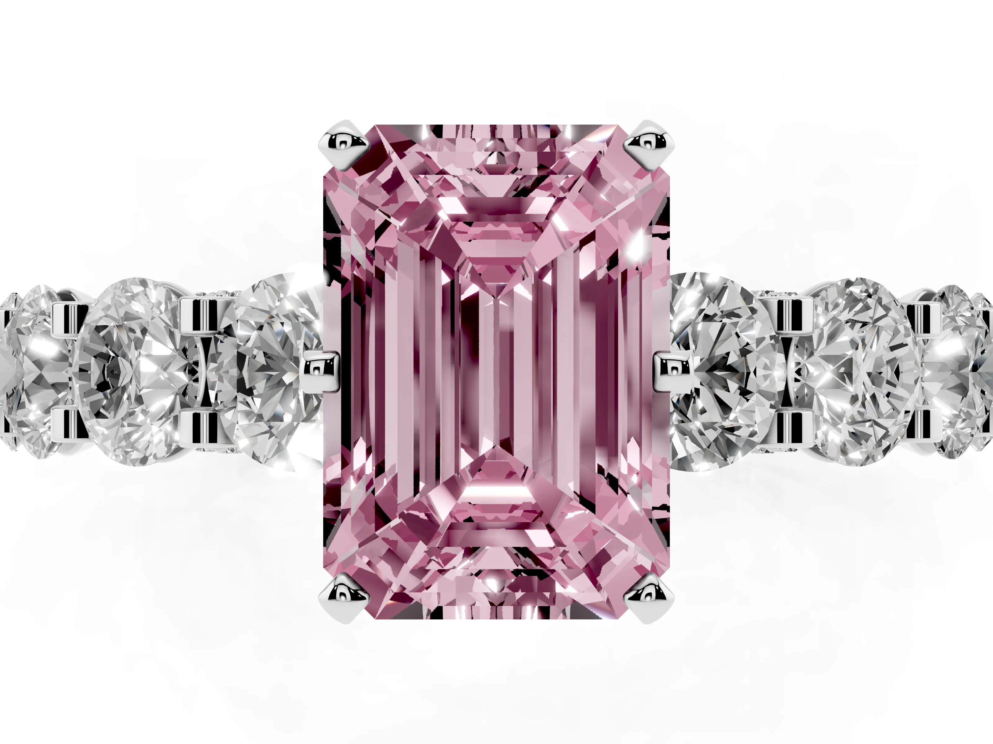 Fancy Pink Emerald Cut Diamond Side Stone Ring Set in White gold with Alternating Round and Oval Side Stones