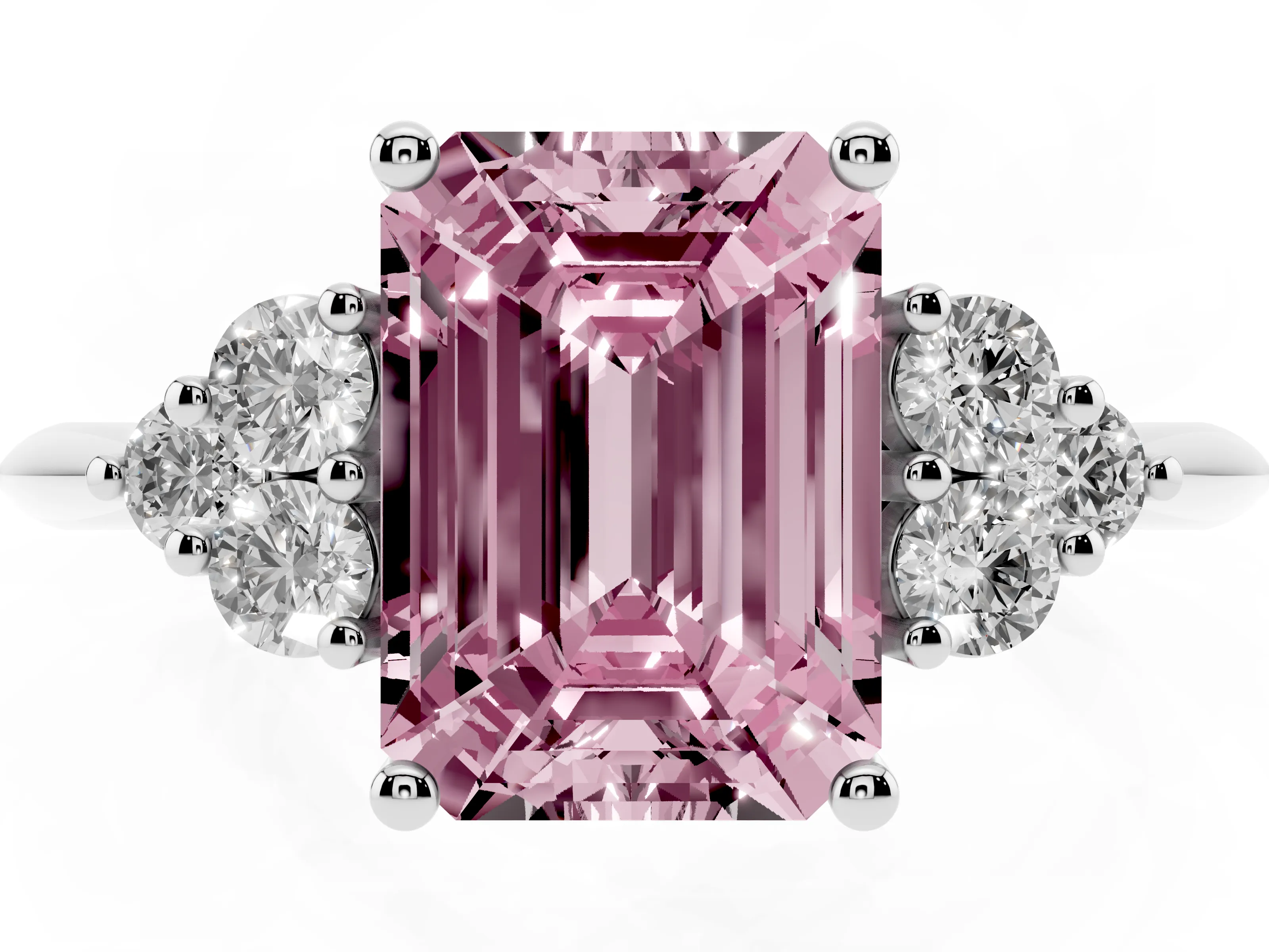 Fancy Pink Emerald Cut Diamond Cluster Ring Set in Silver with Plain Band and Prong Setting