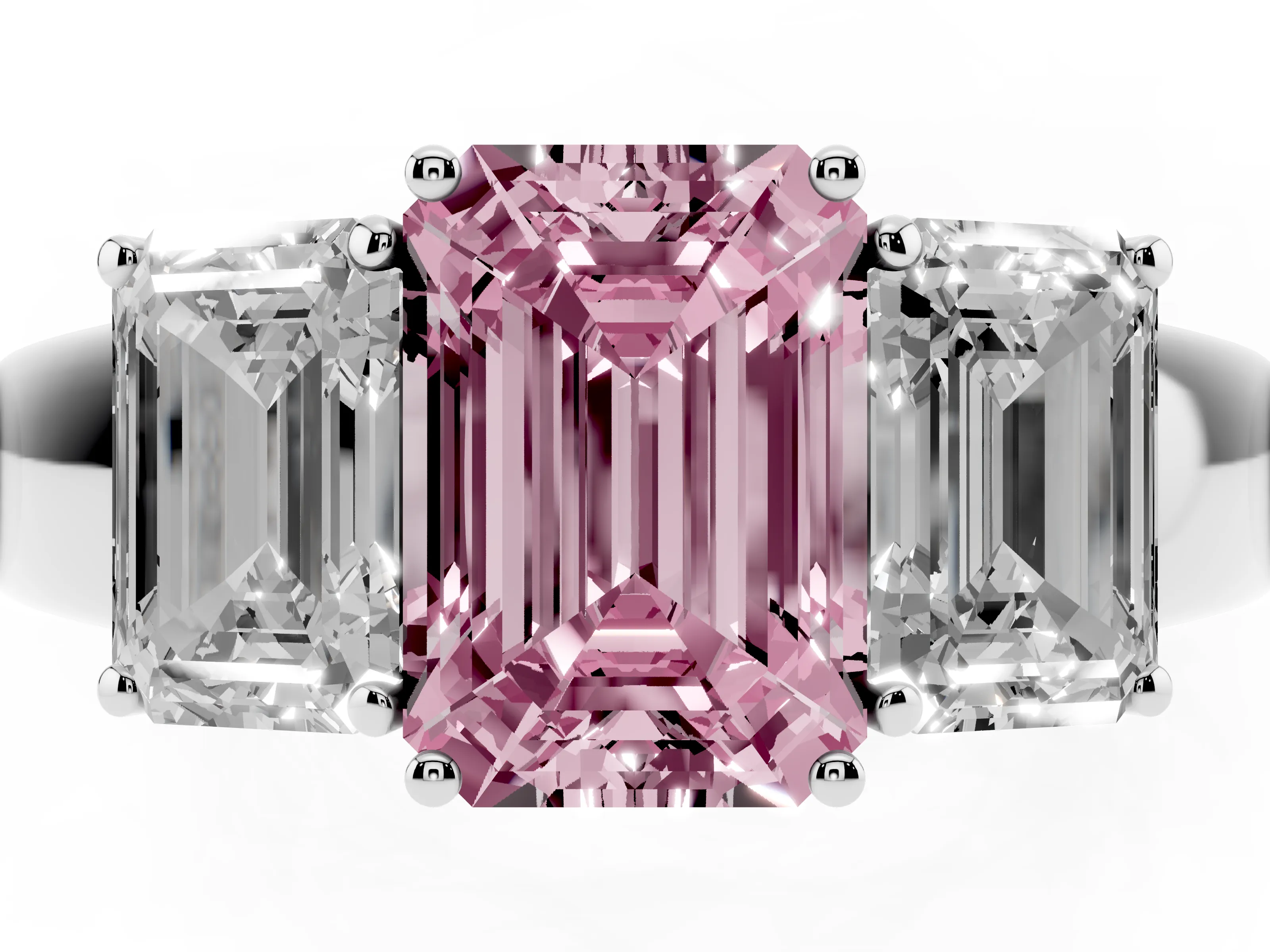 Fancy Pink Three-Stone Emerald Cut Diamond Ring Set in White gold with Matching Prong Settings and Plain Band