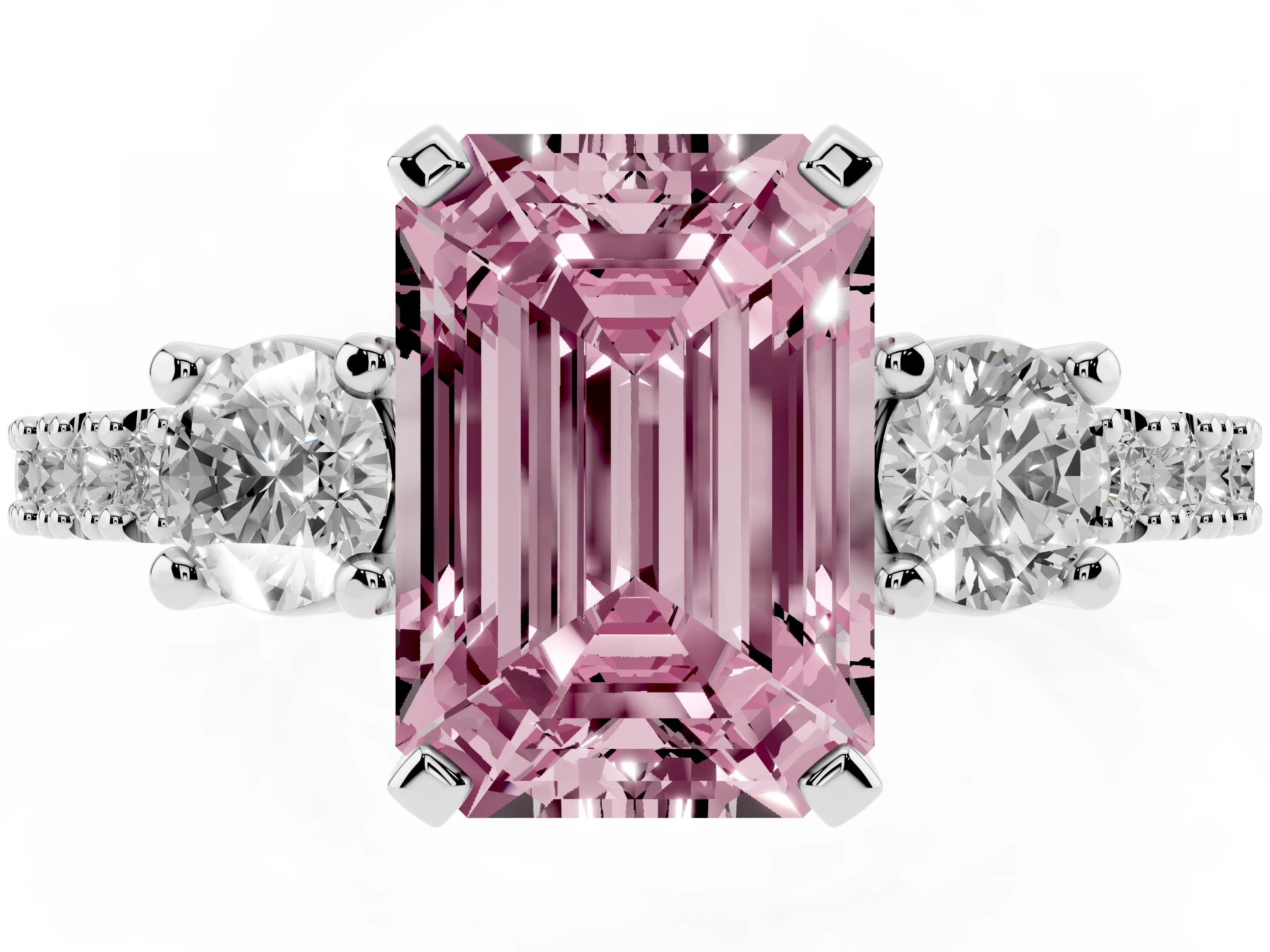 Fancy Pink Three-Stone Emerald Cut Diamond Pavé Band Ring Set in Platinum with Prong Setting