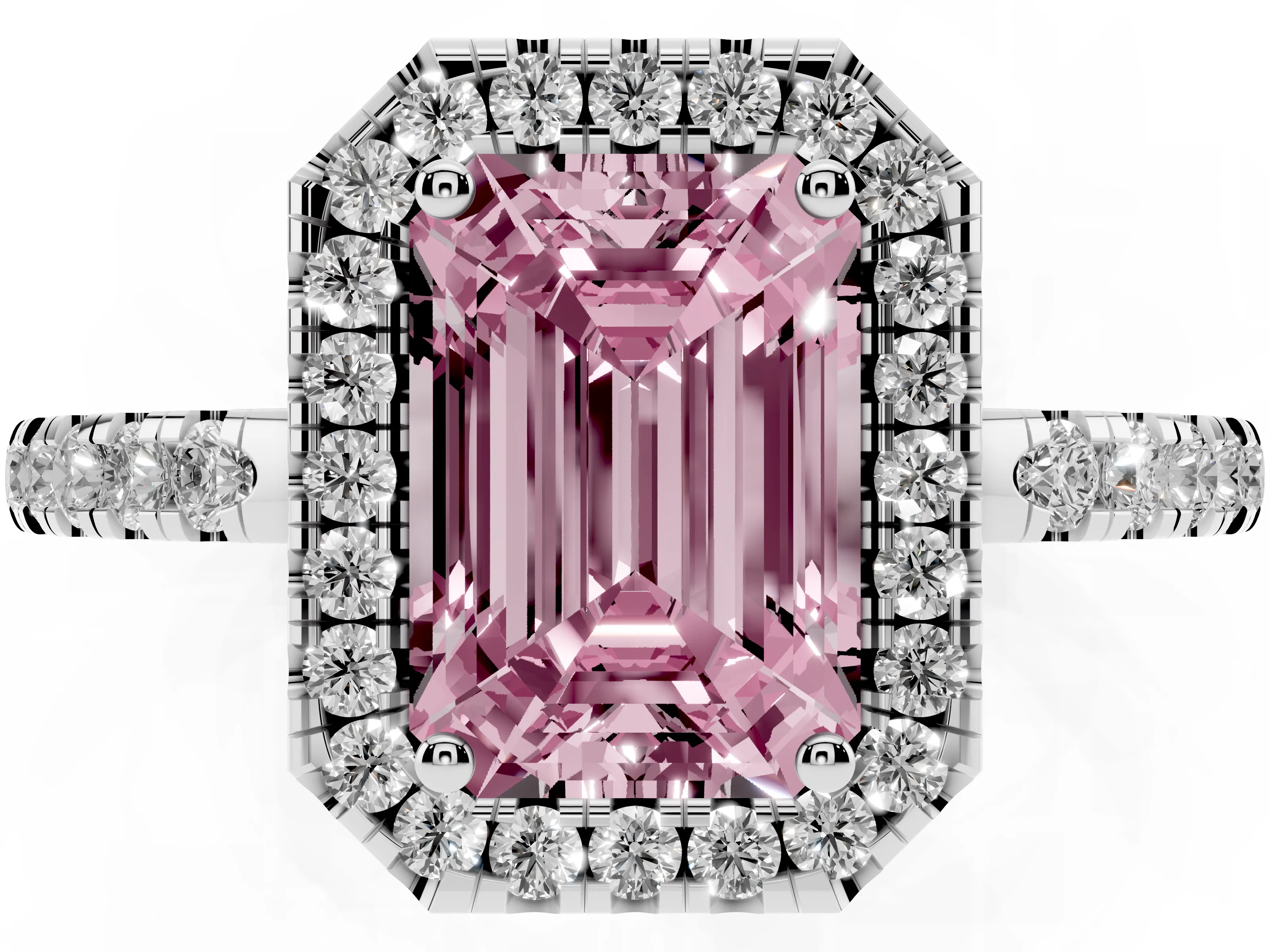 Fancy Pink Emerald Cut Diamond Pavé Band Halo Engagement Ring Set in Silver with Prong Setting