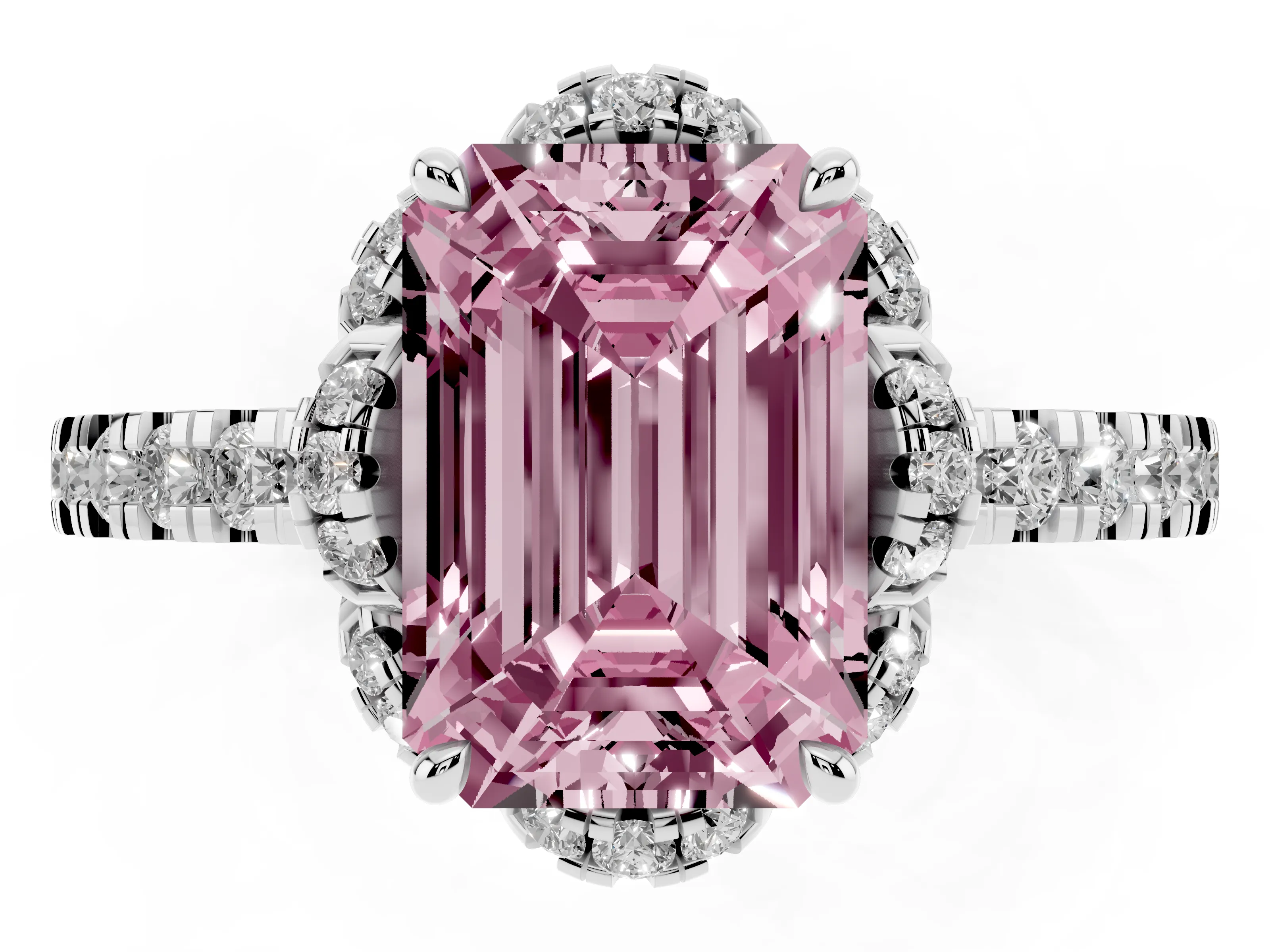 Fancy Pink Emerald Cut Diamond Halo Pavé Band Ring Set in Platinum with Prong-Held Center