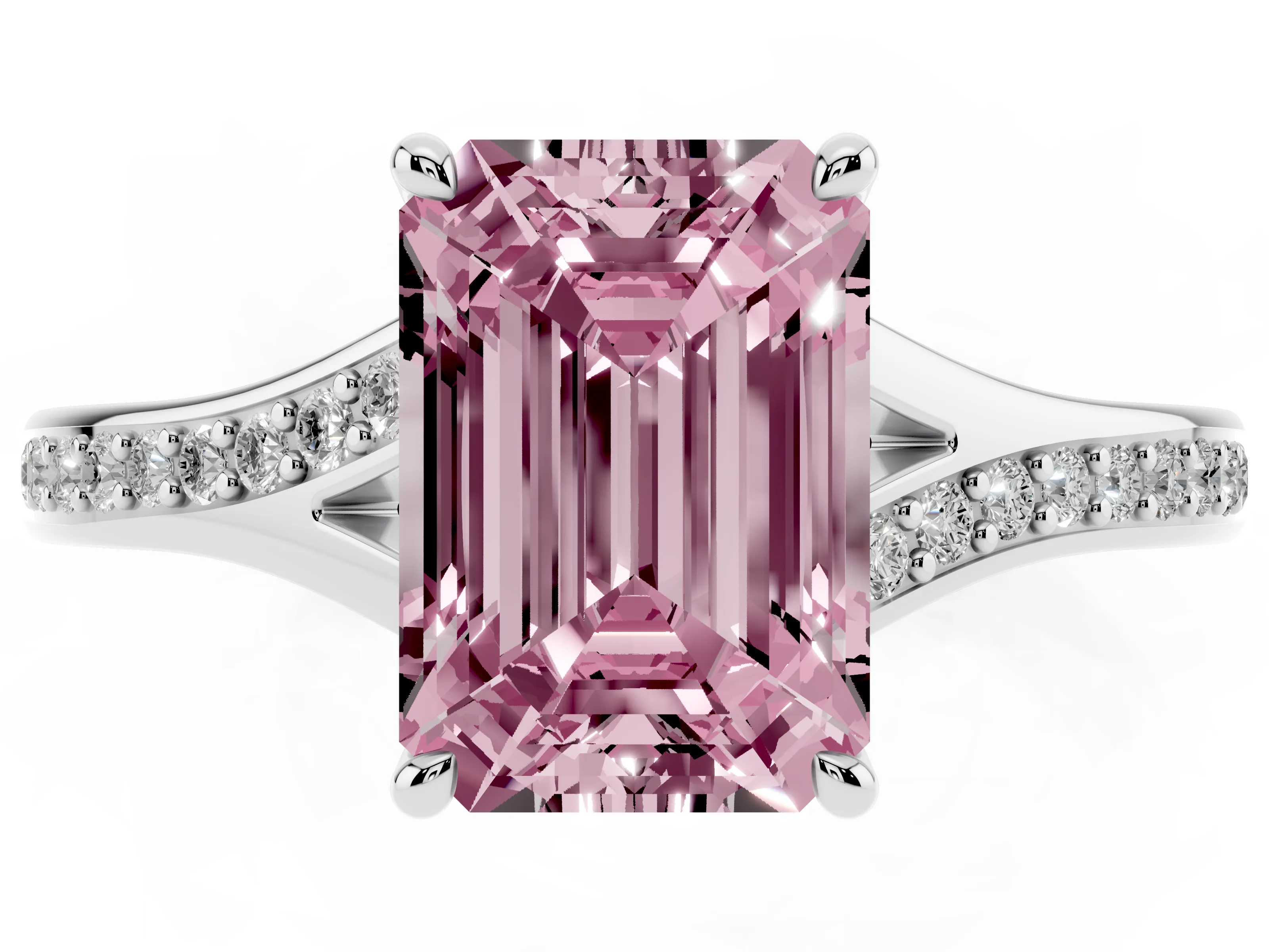 Fancy Pink Emerald Cut Diamond Solitaire Ring Set in Platinum with Pavé Accent Band and Classic Prong Setting