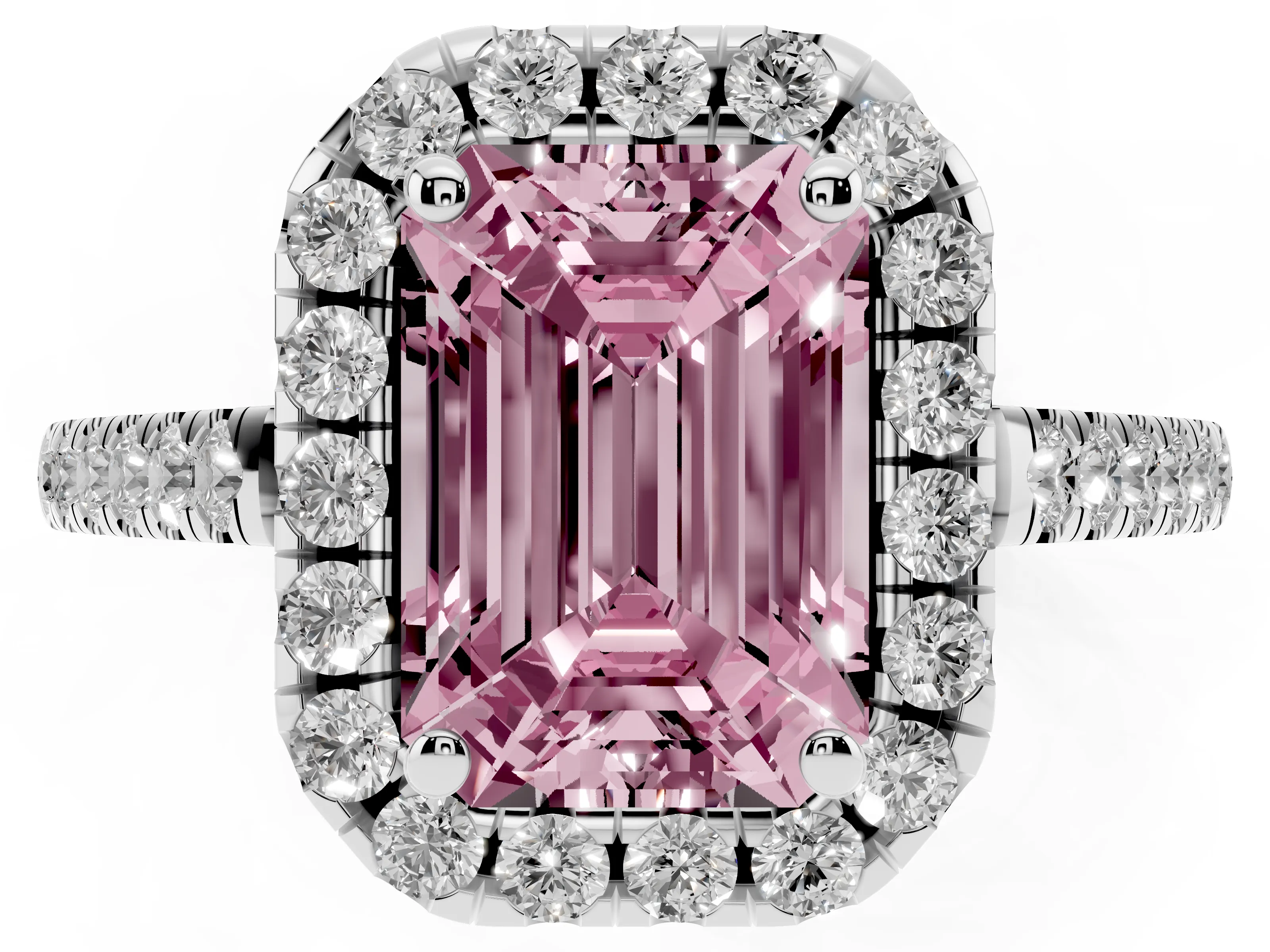 Fancy Pink Emerald Cut Diamond Pavé Halo Engagement Ring Set in White gold with Pavé Band and Prong Setting