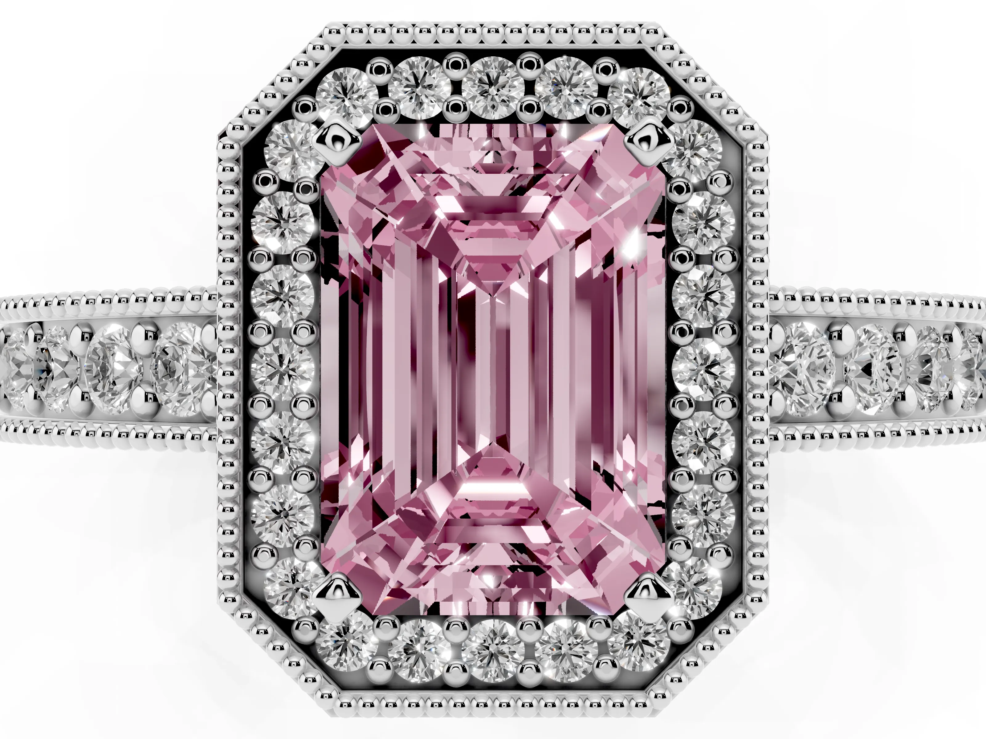 Fancy Pink Emerald Cut Diamond Halo Pavé Band Ring Set in Platinum with Prong-Set Center