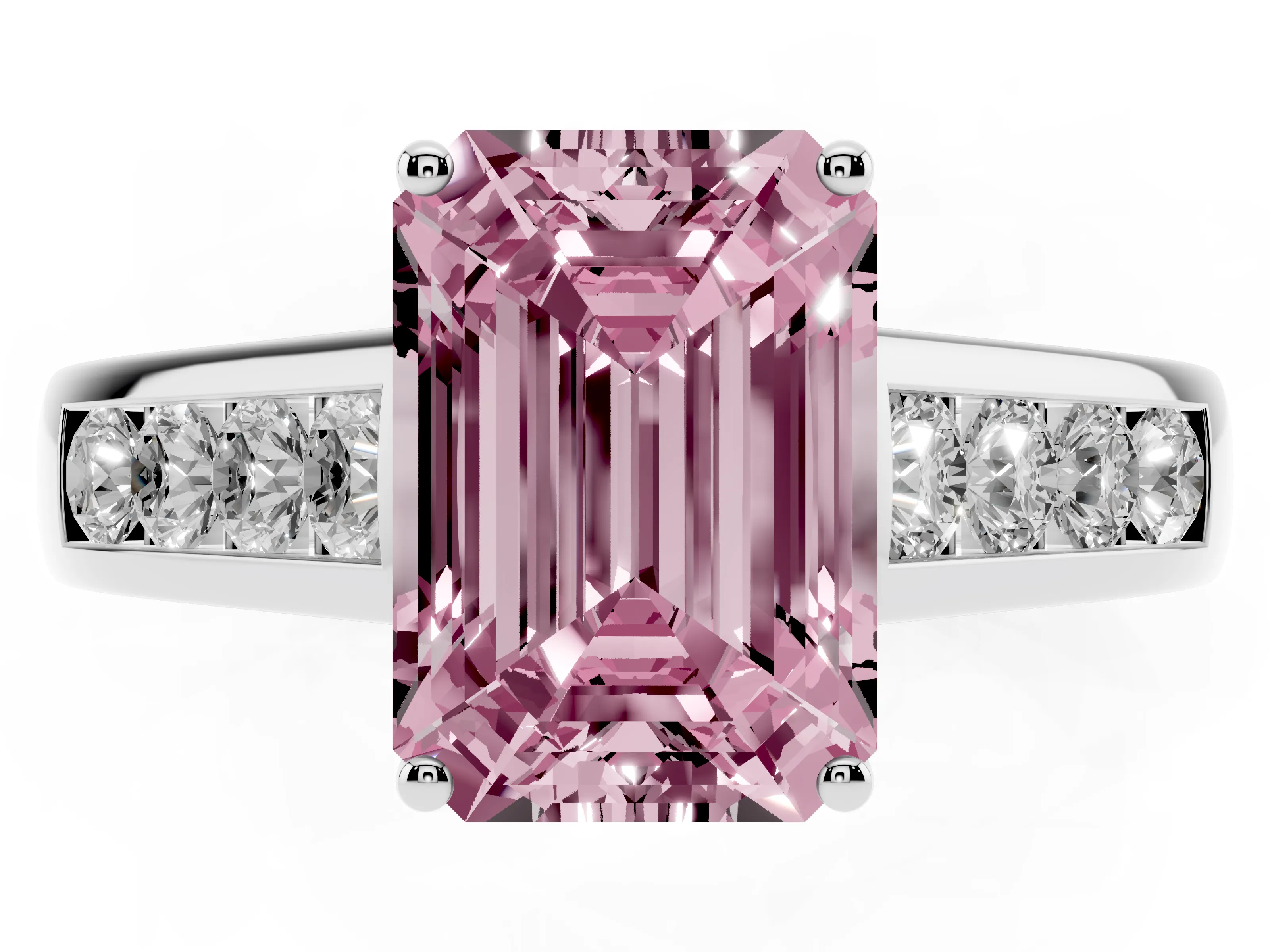 Fancy Pink Emerald Cut Diamond Solitaire Channel-Set Engagement Ring Set in White gold with Prong Setting