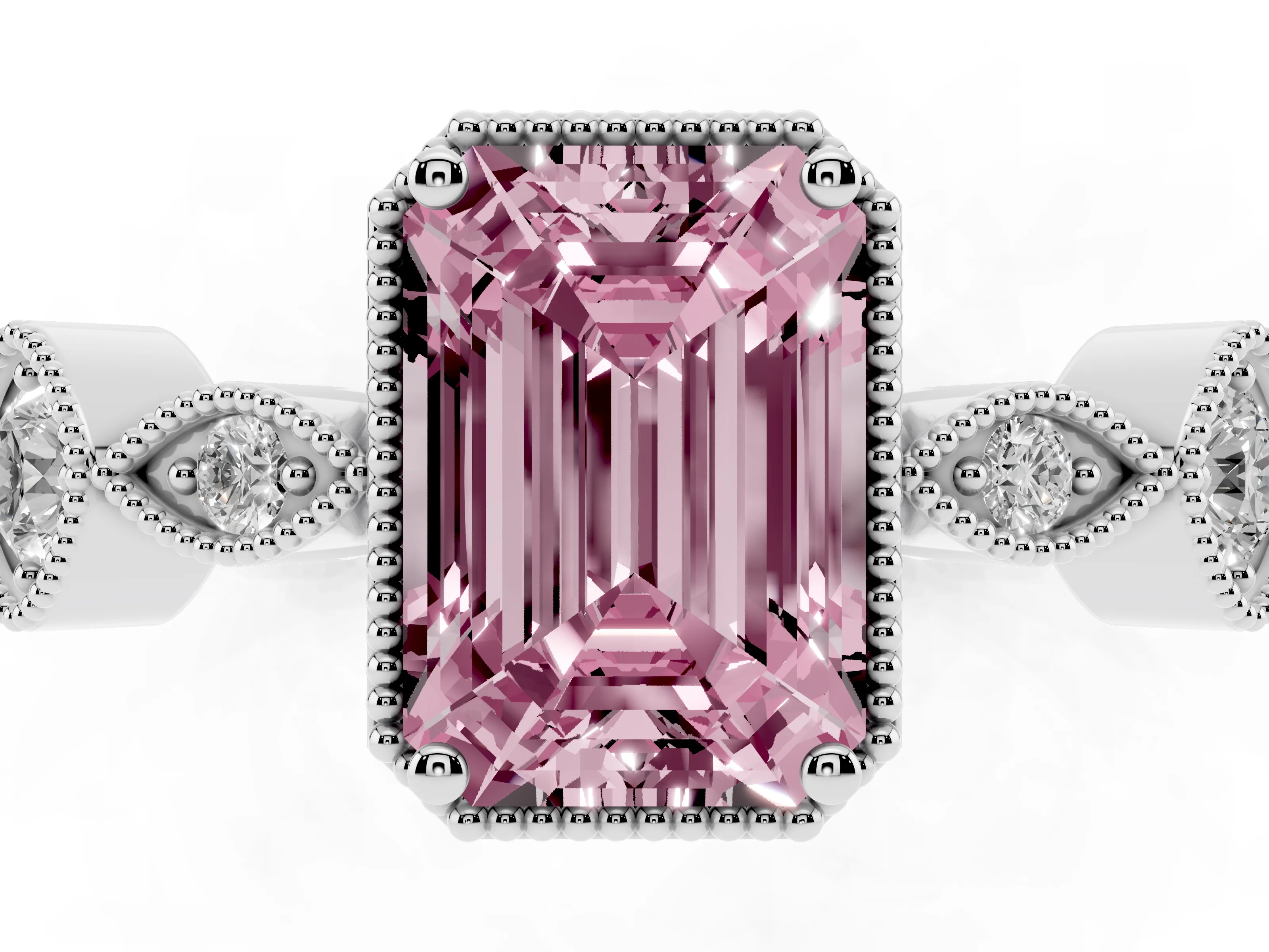 Fancy Pink Emerald Cut Diamond Vintage-Inspired Milgrain Ring Set in Platinum with Marquise Stations of Round Accents