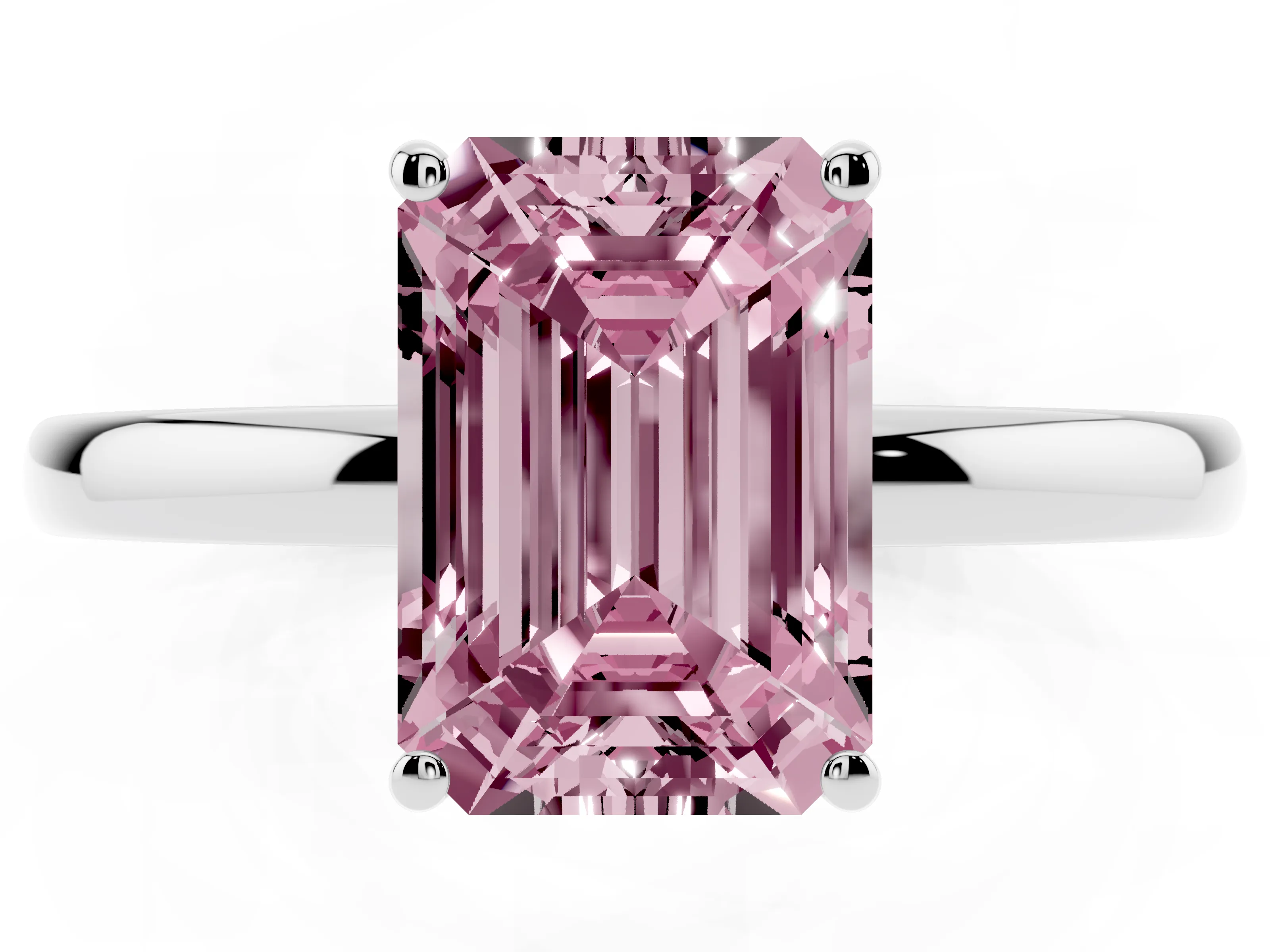Fancy Pink Emerald Cut Diamond Solitaire Ring Set in Silver with Plain Band and Prong Setting