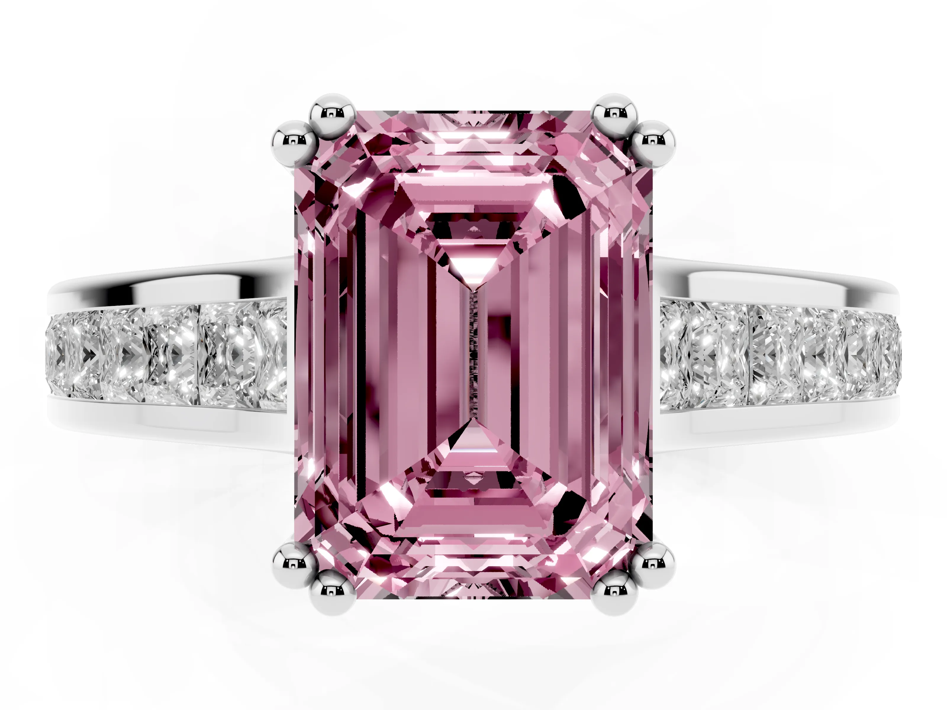 Fancy Pink Emerald Cut Diamond Channel Set Solitaire Engagement Ring Set in Silver with Prong Setting