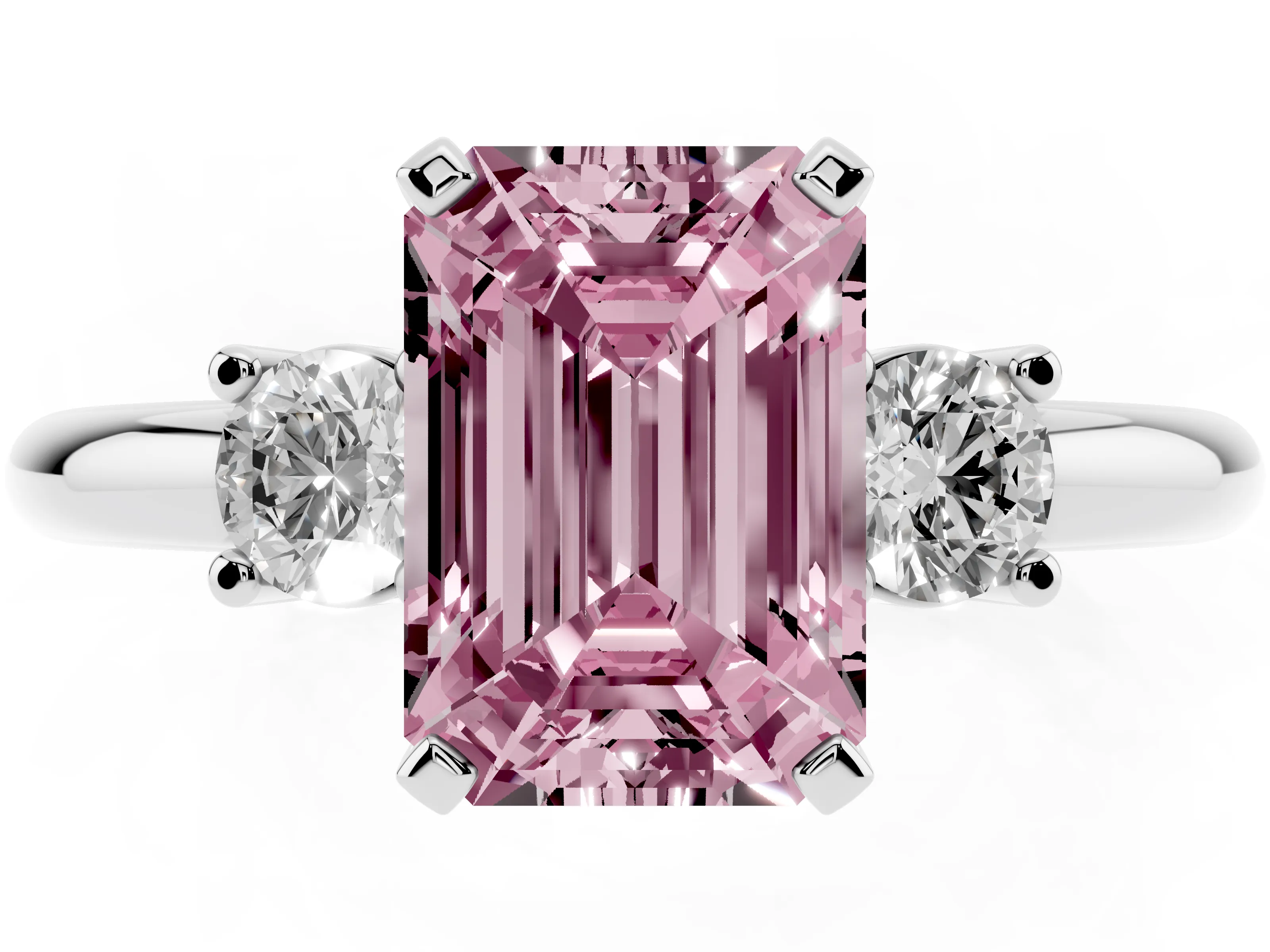 Fancy Pink Three-Stone Emerald Cut Diamond Ring Set in Silver with Prong Setting and Plain Band