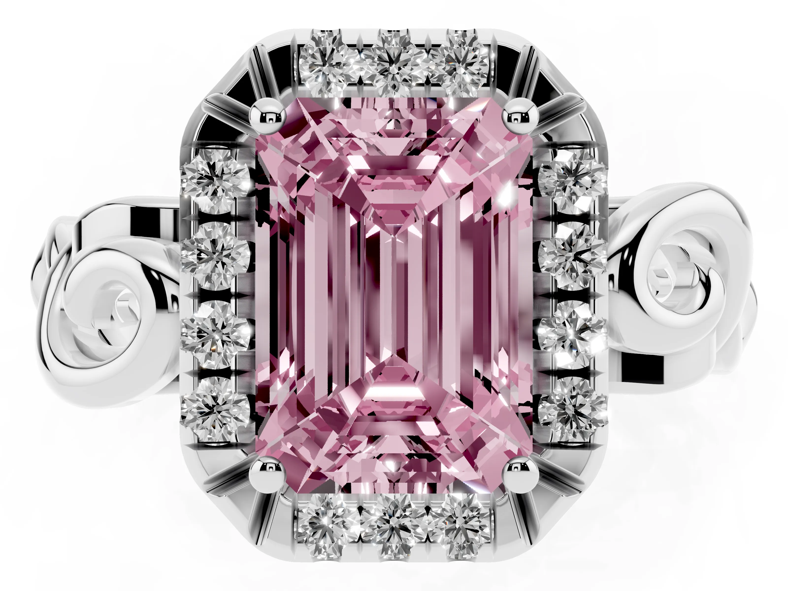Fancy Pink Emerald Cut Diamond Halo Ring Set in Platinum with Scrollwork Band and Prong Setting