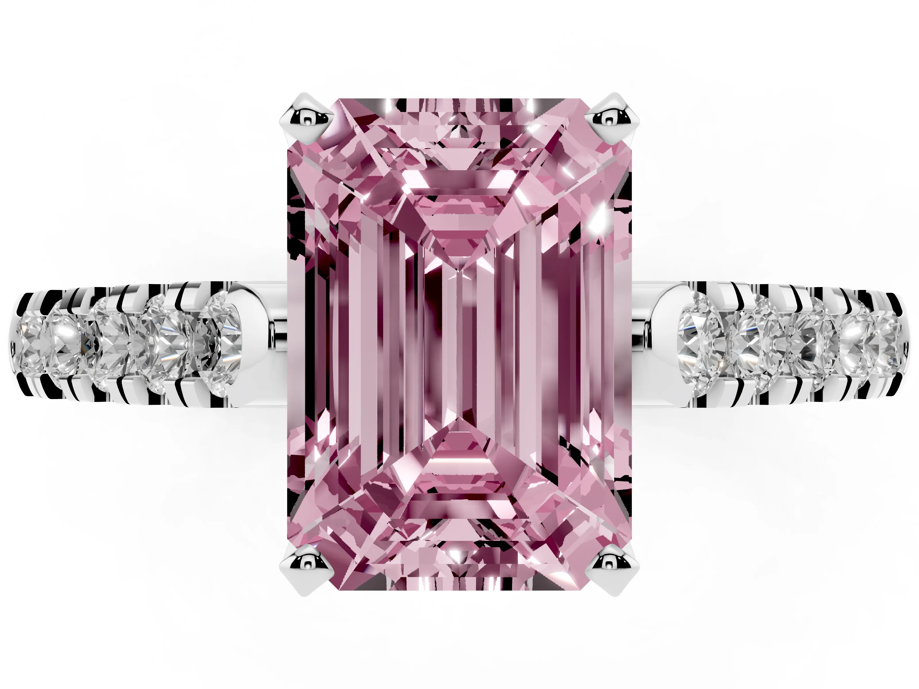 Fancy Pink Emerald Cut Diamond Pavé Band Solitaire Ring Set in White gold with Partway Accent Stones and Prong Setting