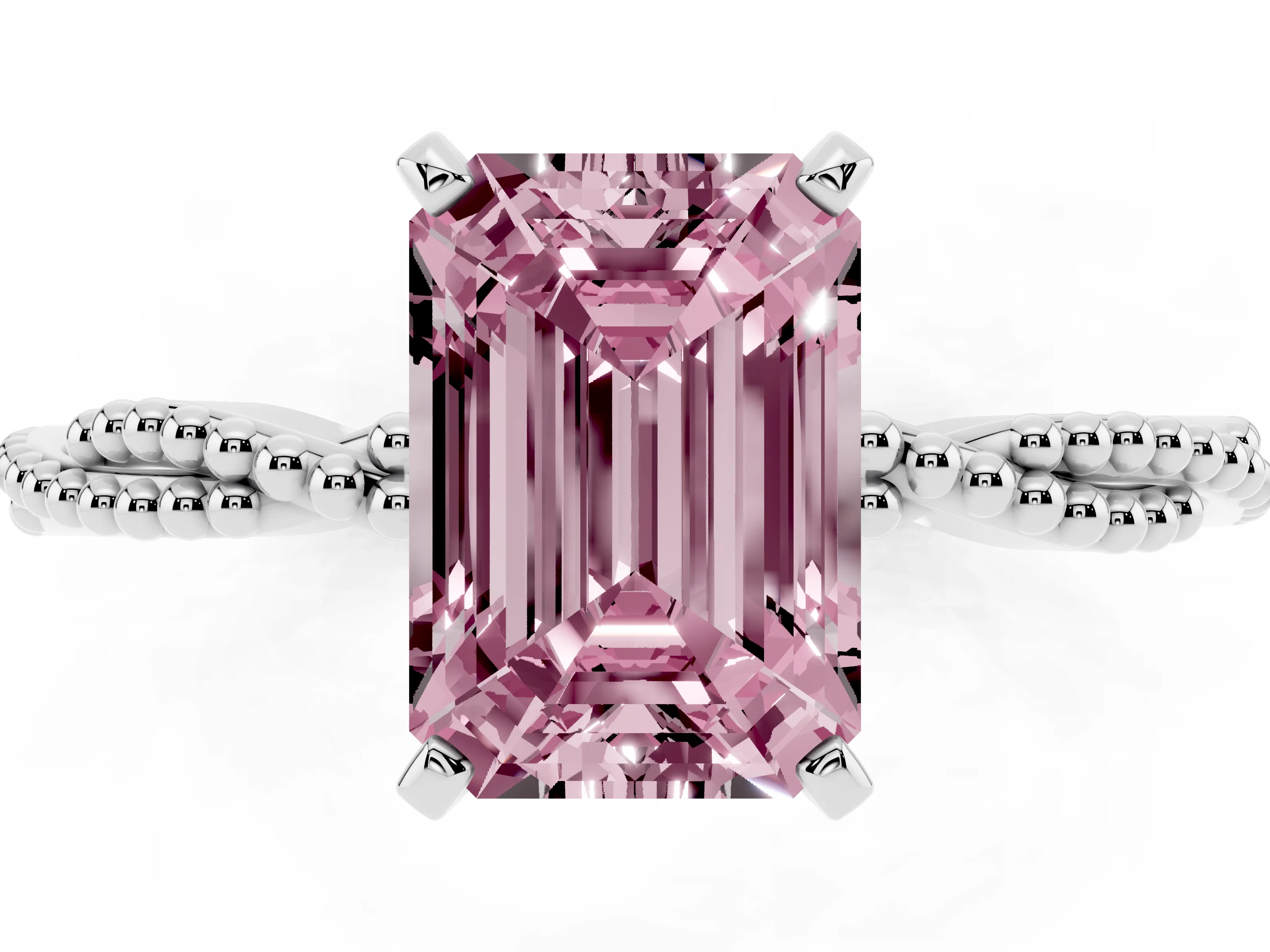 Fancy Pink Emerald Cut Diamond Solitaire Ring Set in Platinum with Twisted Band and Bead Prong Setting