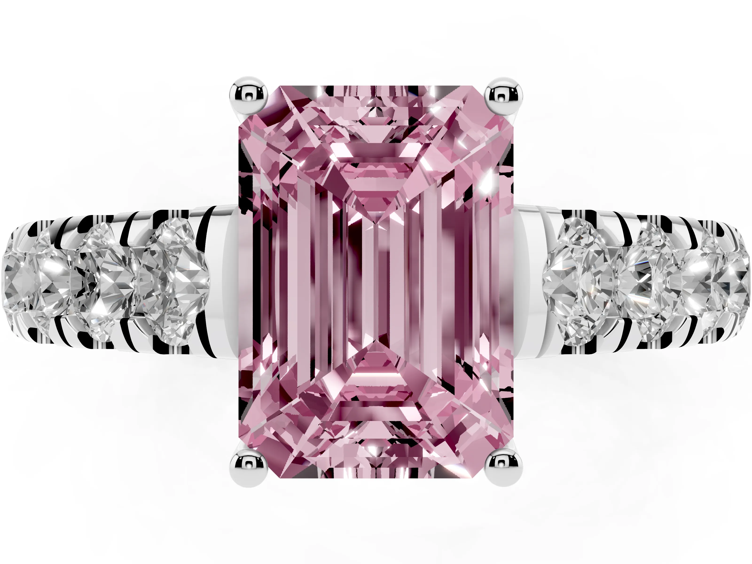 Fancy Pink Emerald Cut Diamond Solitaire Ring Set in Platinum with Cut-Down Micro Pavé Band and Prong Setting