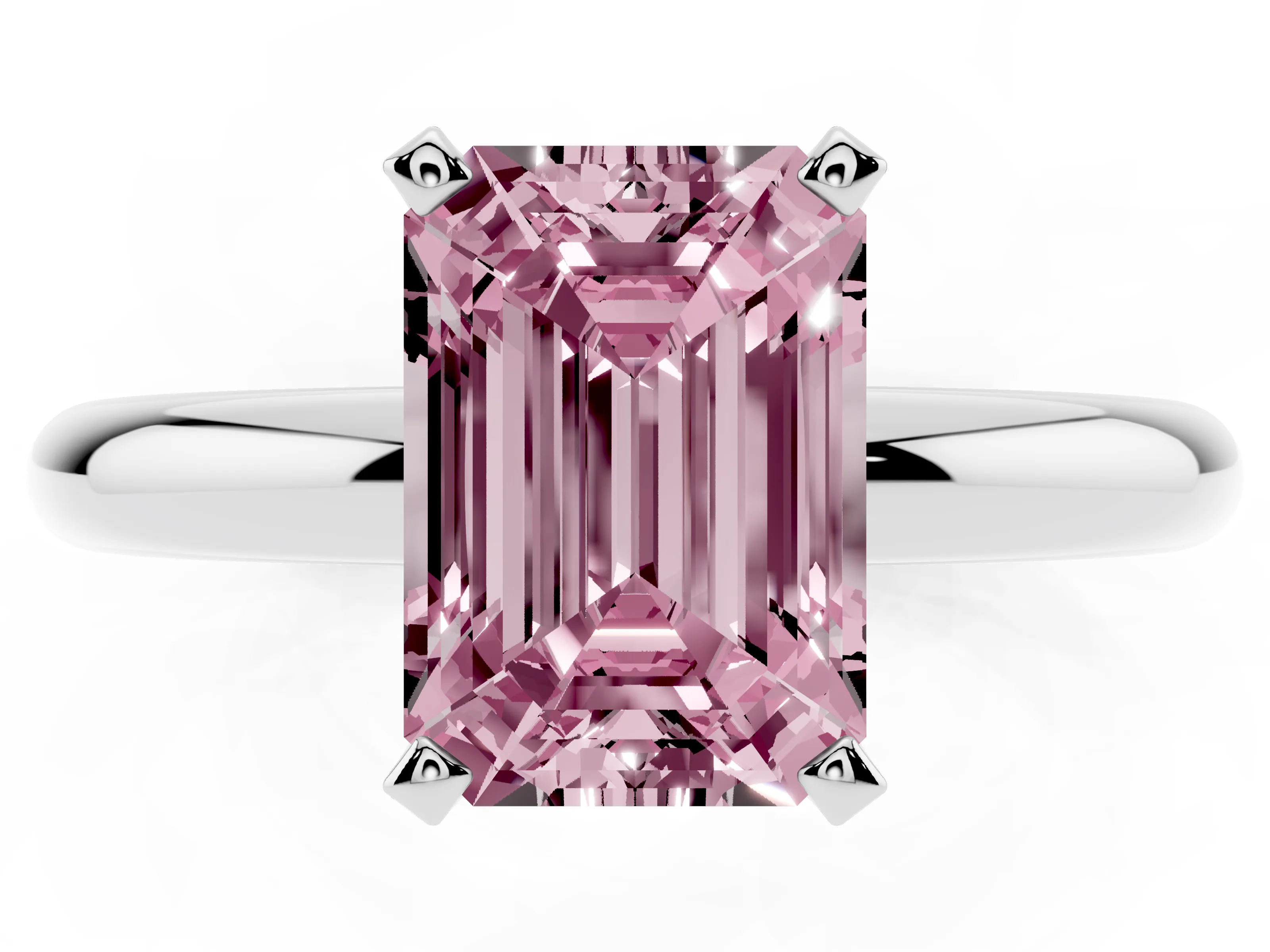 Fancy Pink Emerald Cut Diamond Solitaire Engagement Ring Set in Platinum with Round Band and Prong Setting