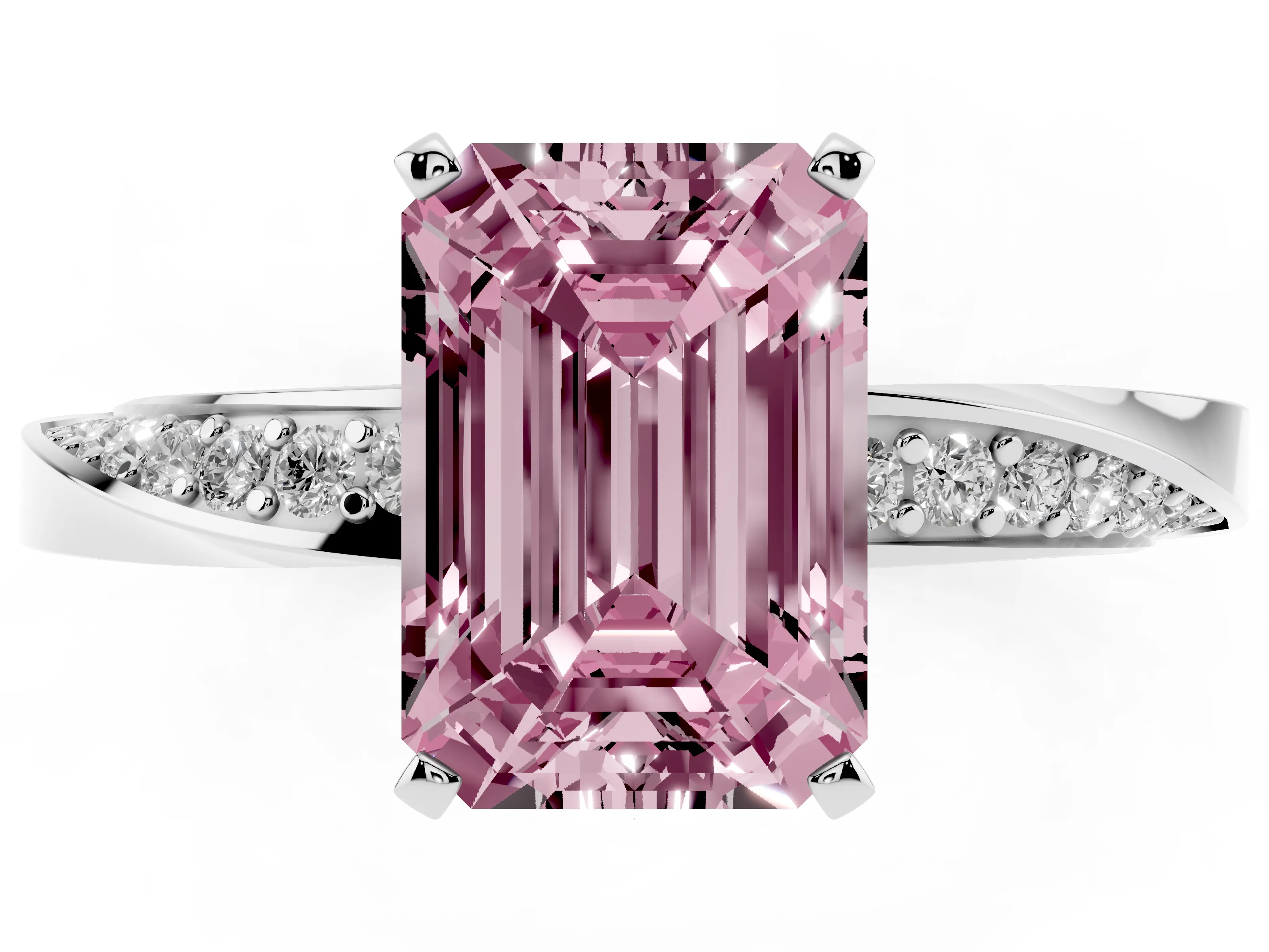 Fancy Pink Emerald Cut Diamond Engagement Ring Set in Platinum with Side Stone Accents and Prong Setting
