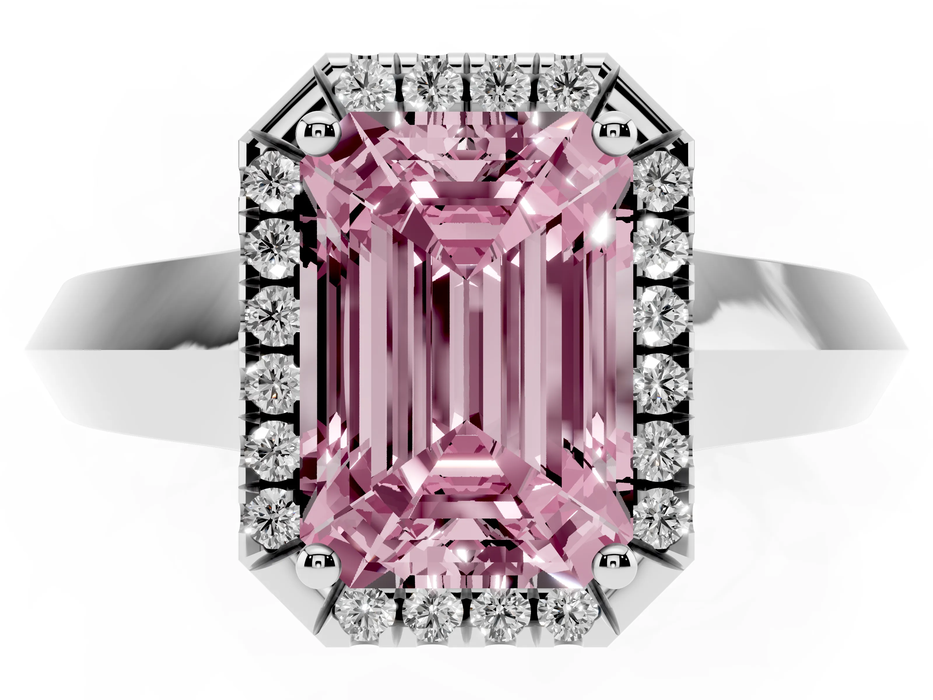Fancy Pink Emerald Cut Diamond Halo Ring Set in Platinum with Cathedral Band and Prong Setting