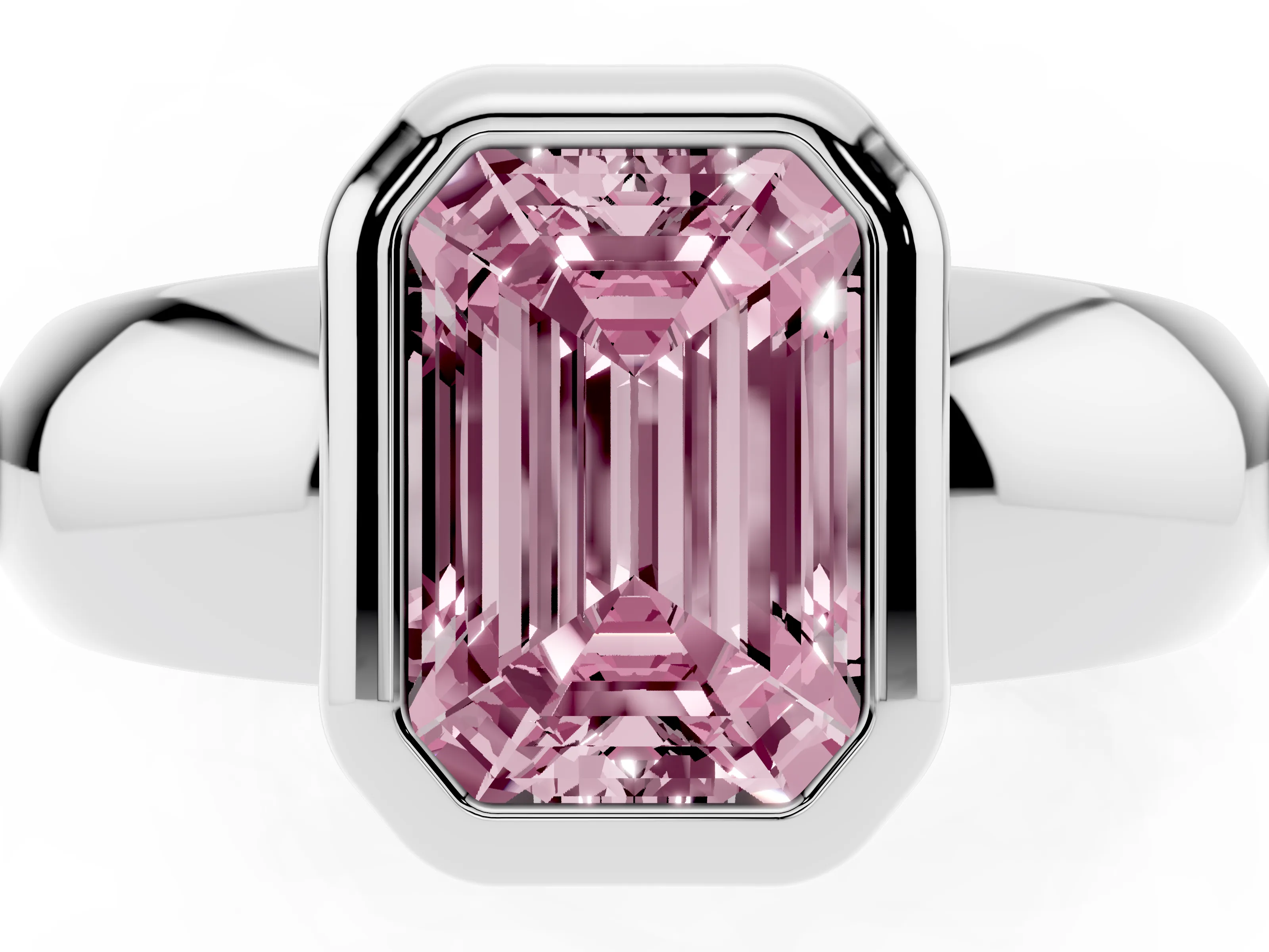 Fancy Pink Bezel Set Emerald Cut Diamond Solitaire Ring Set in Silver with Wide Band