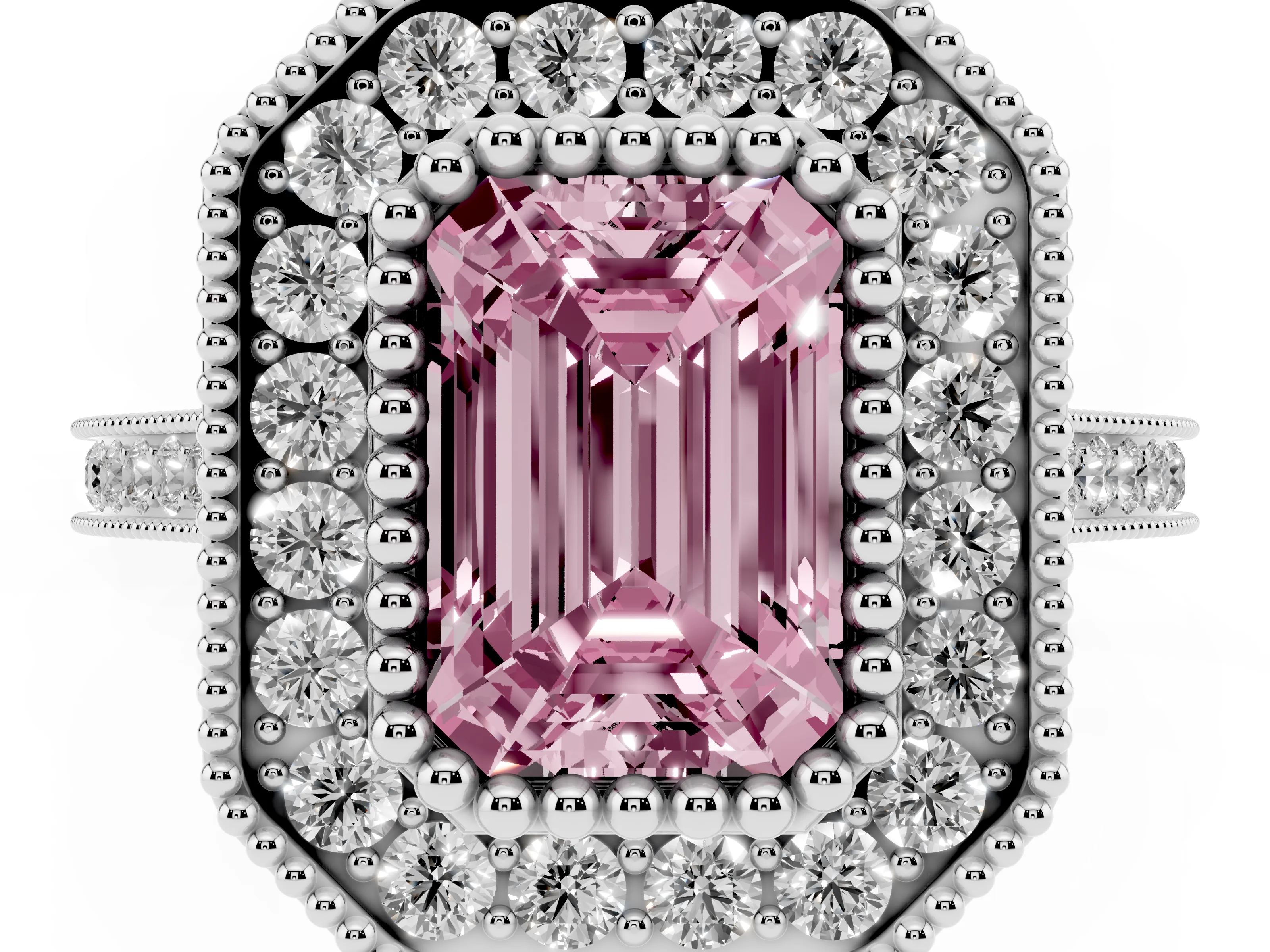 Fancy Pink Emerald Cut Diamond Halo Ring Set in White gold with Milgrain Frame and Pavé Band