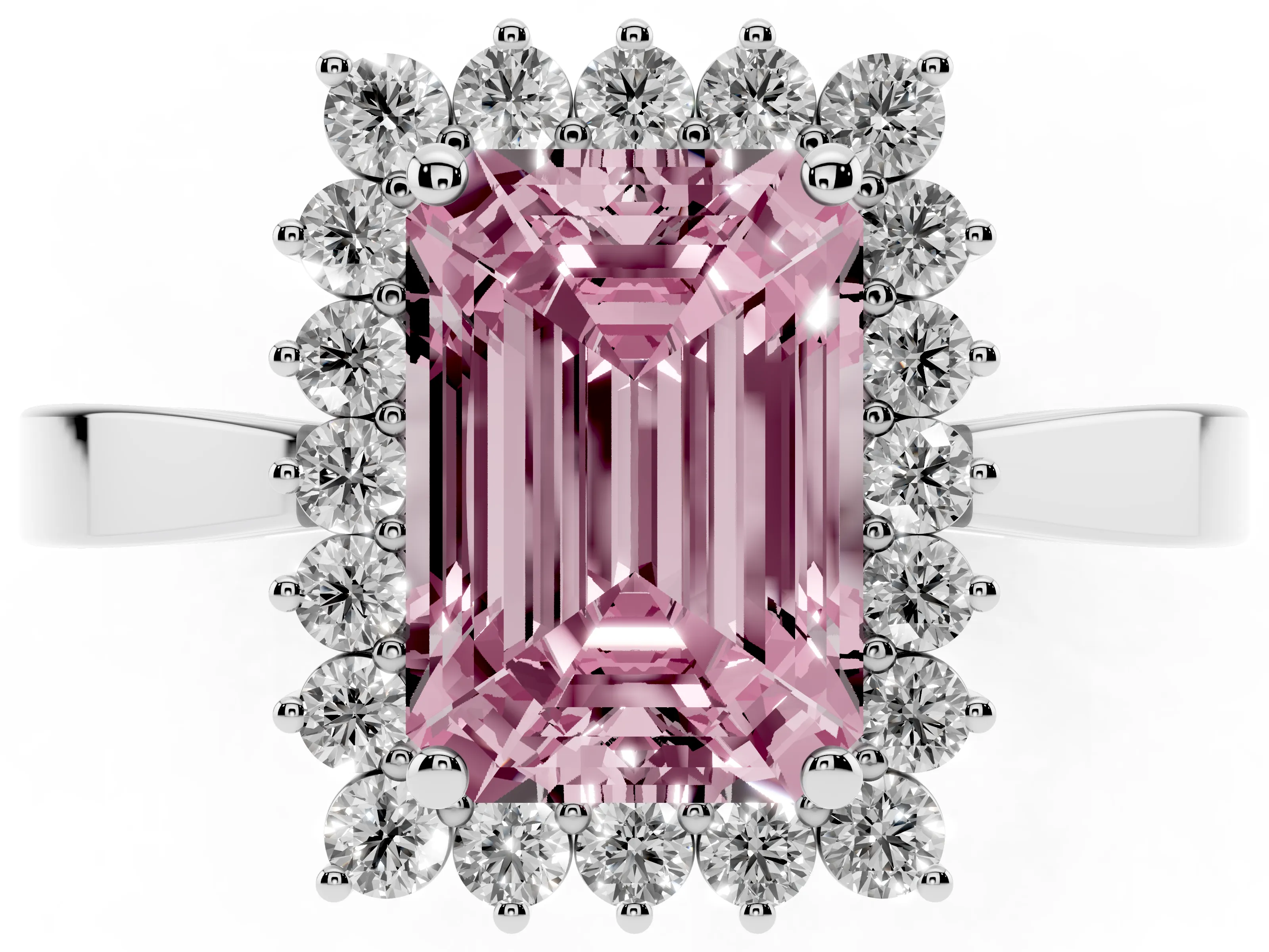 Fancy Pink Emerald Cut Diamond Halo Ring Set in Platinum with Round Halo and Smooth Solitaire Band