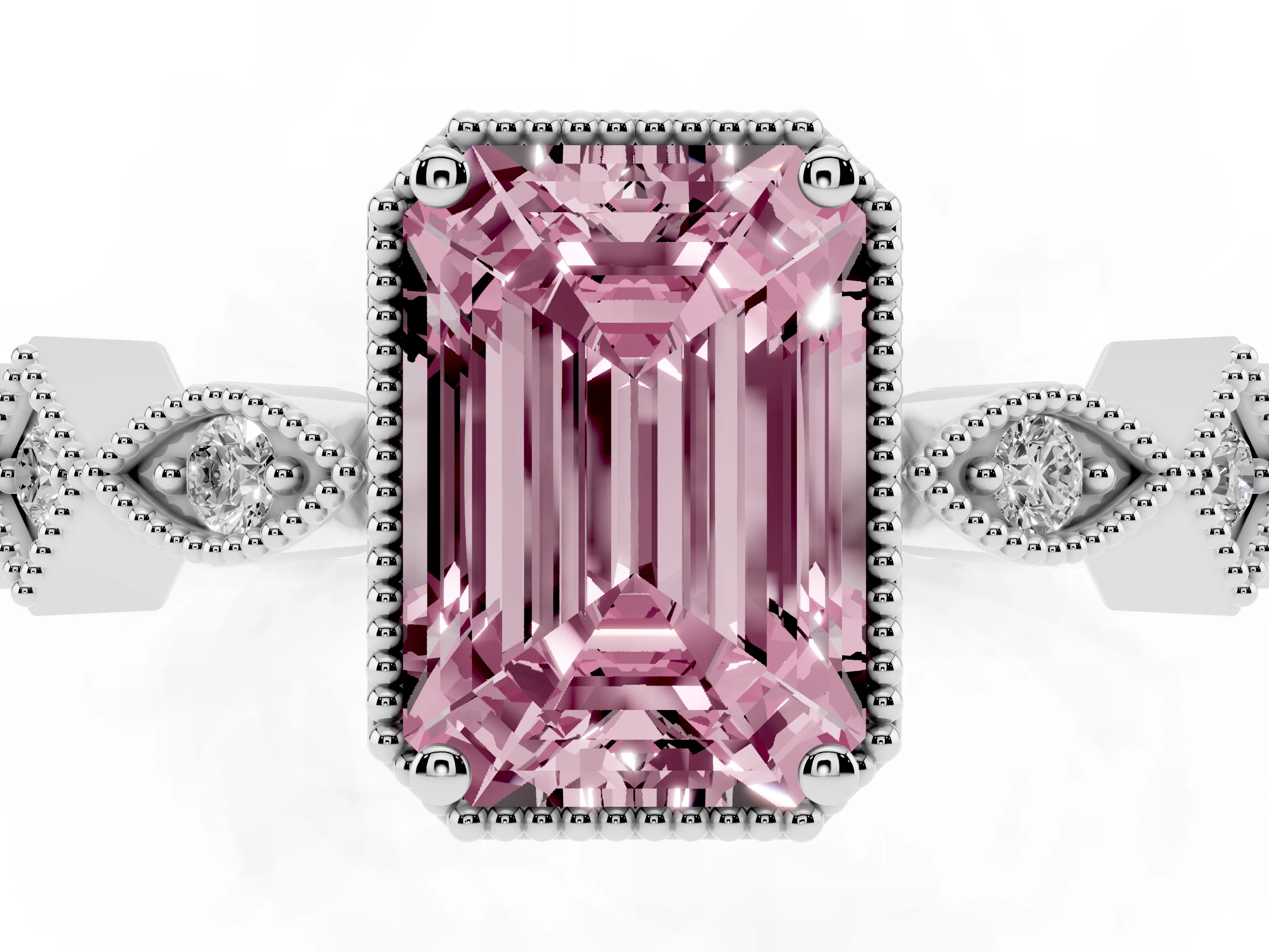 Fancy Pink Emerald Cut Diamond Milgrain Marquise Twist Band Ring Set in Silver with Prong Setting