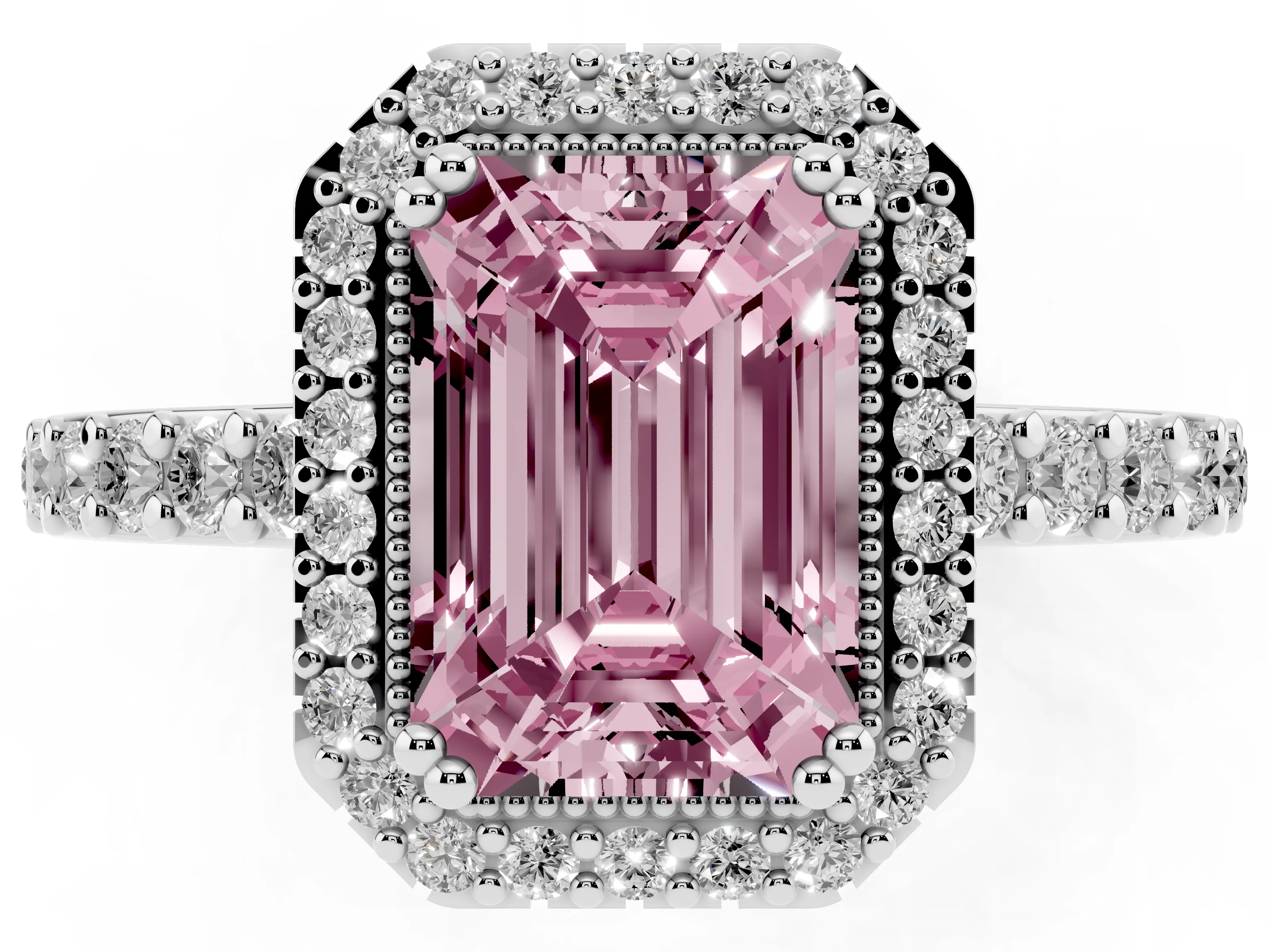 Fancy Pink Emerald Cut Diamond Halo Engagement Ring Set in White gold with Milgrain Detail and Pavé Band