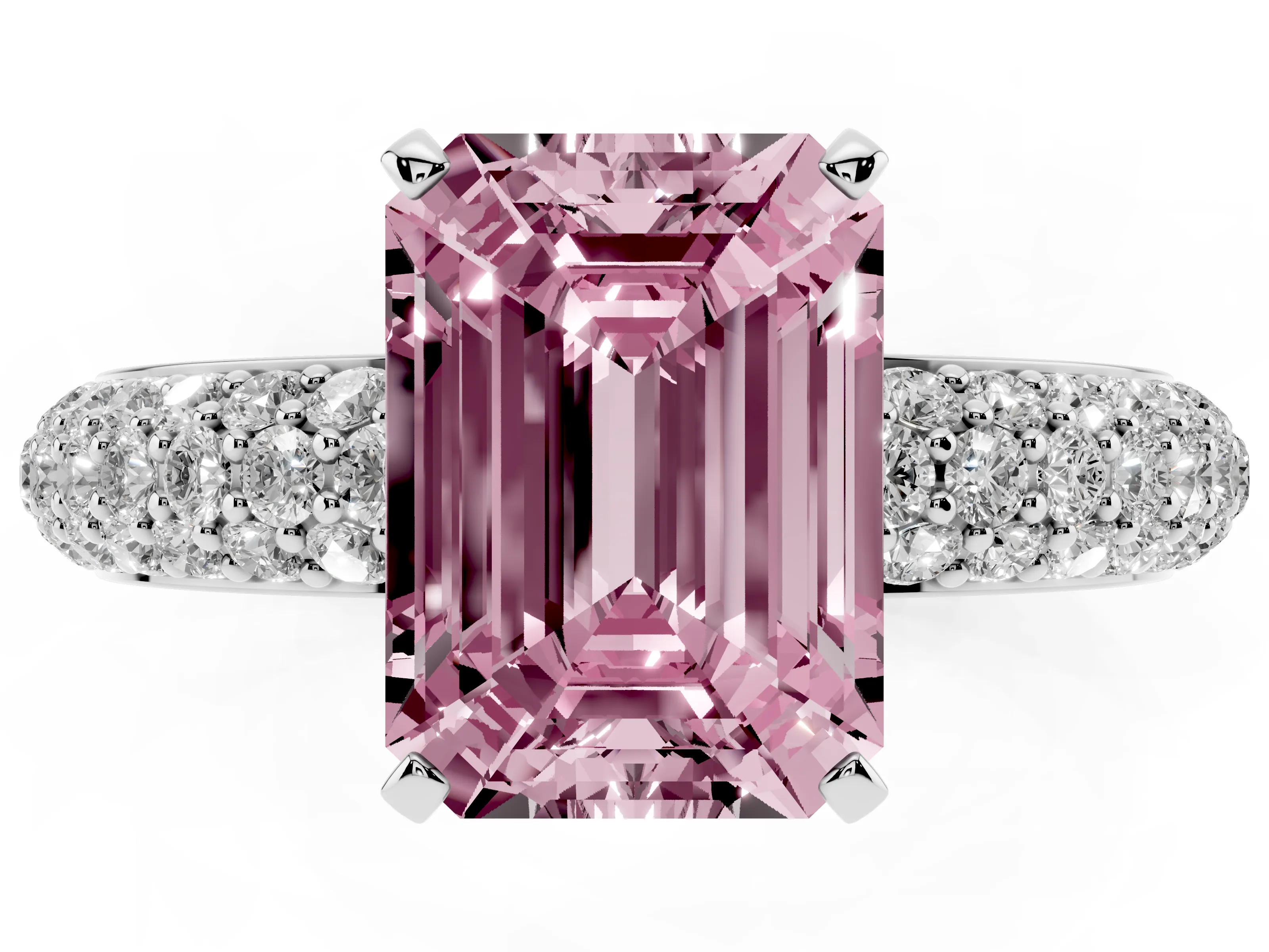 Fancy Pink Emerald Cut Diamond Solitaire Ring Set in Platinum with Prong Setting and Pavé-Set Band