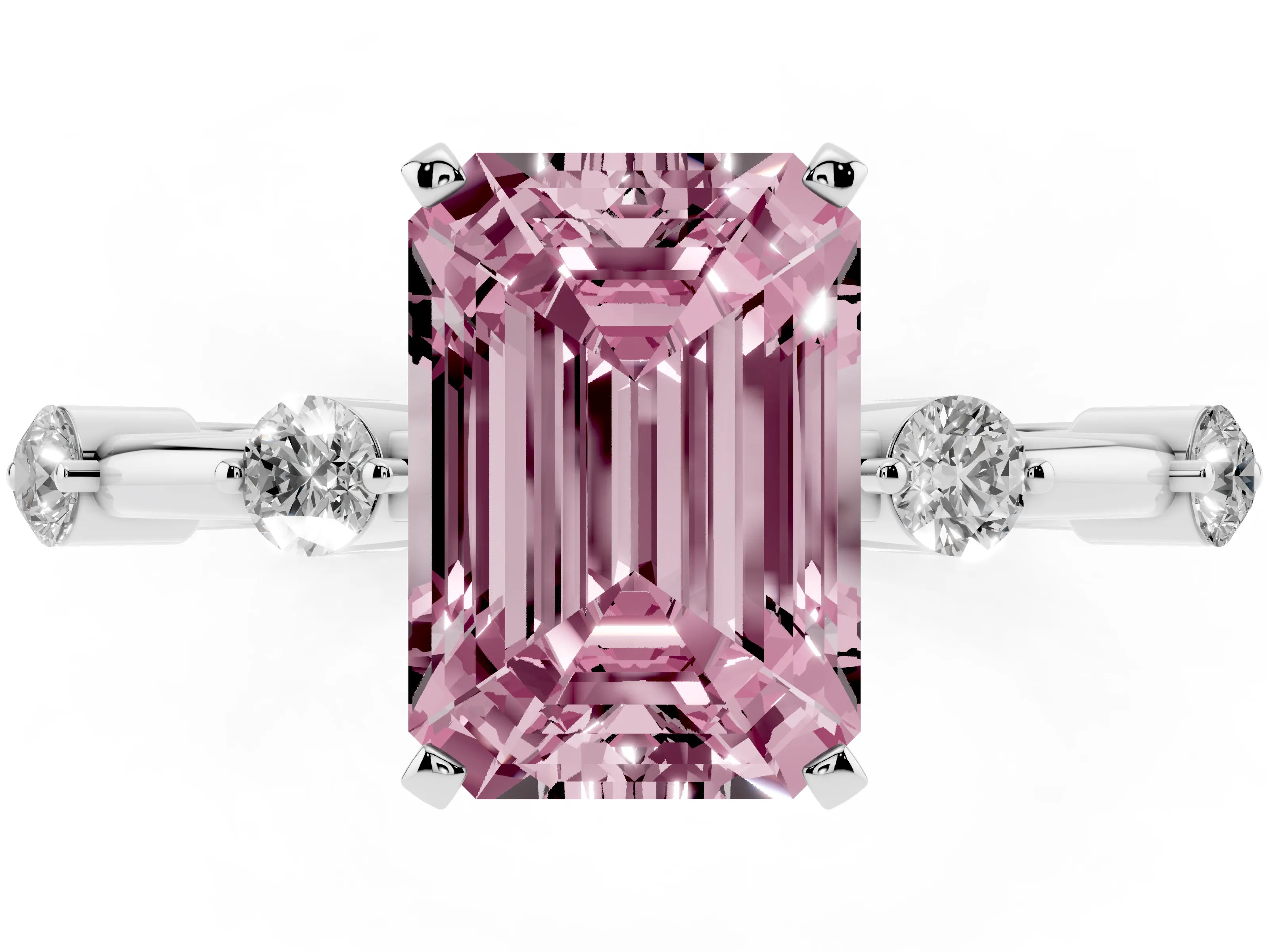 Fancy Pink Emerald Cut Diamond Solitaire Ring Set in White gold with Bezel Set Side Stones and Prong Setting
