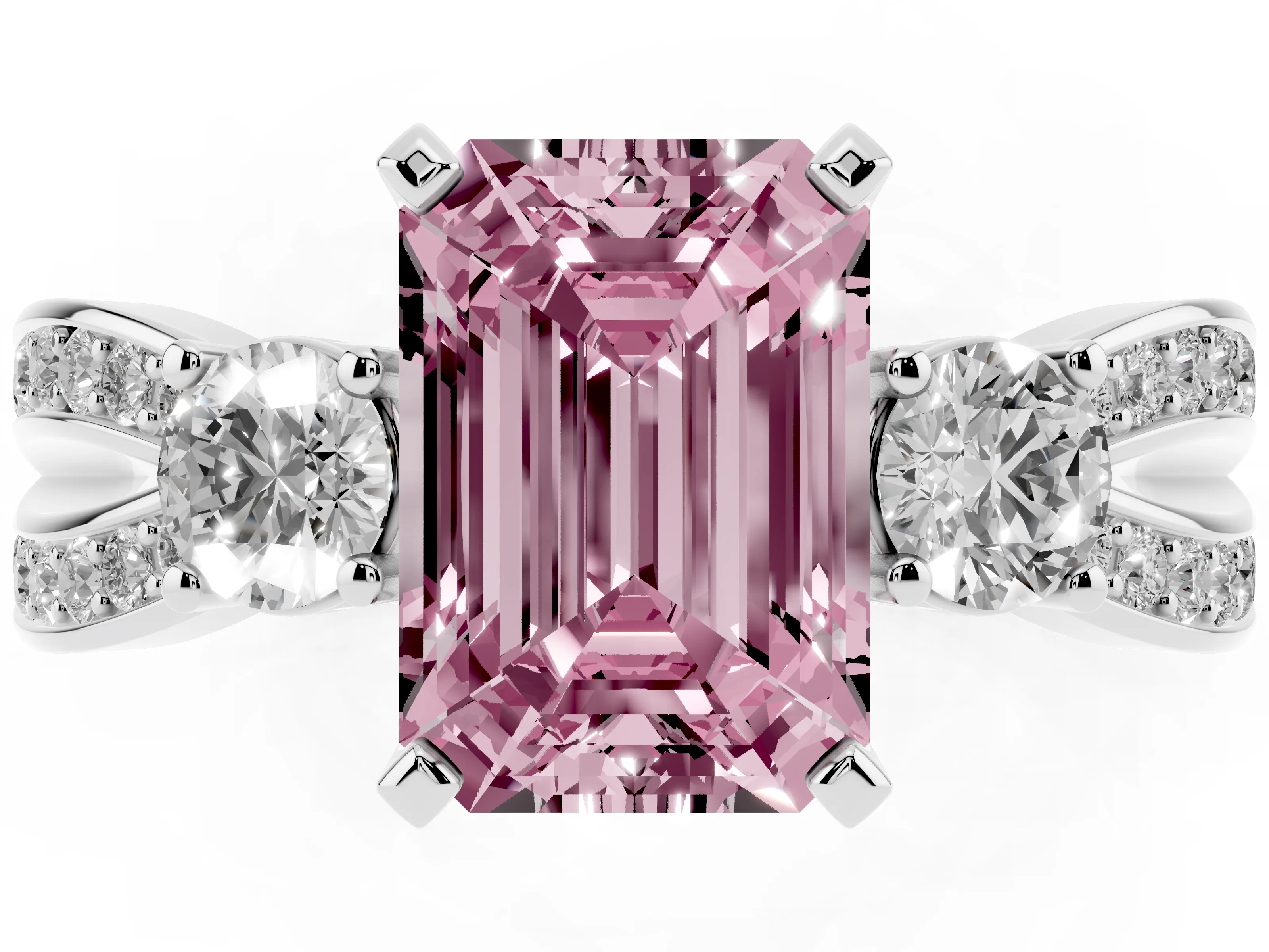 Fancy Pink Three-Stone Emerald Cut Diamond Twist Band Ring Set in Silver with Pavé Accents and Prong Setting