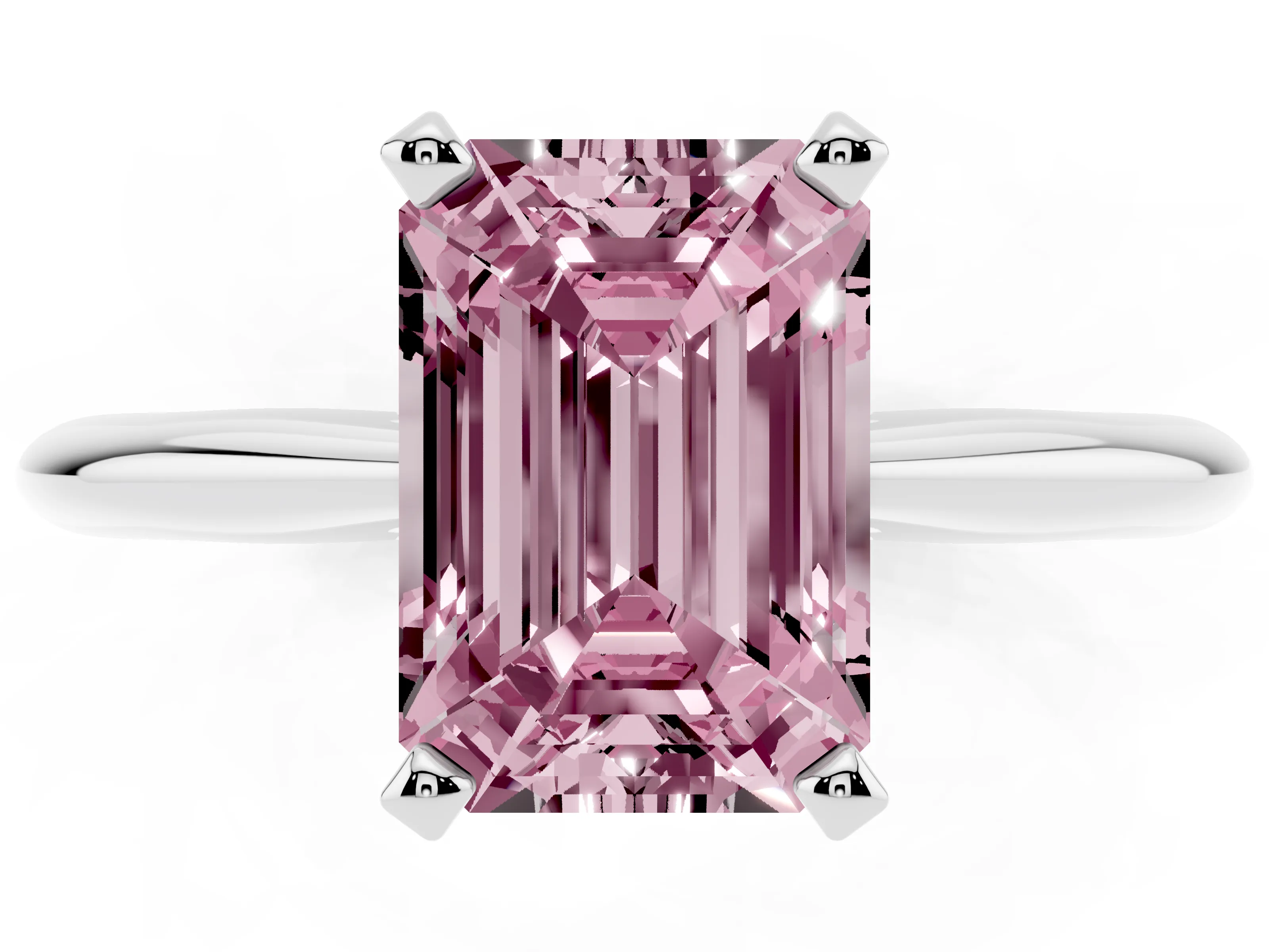 Fancy Pink Emerald Cut Diamond Solitaire Ring Set in Silver with Prong Setting on a Plain Round Band