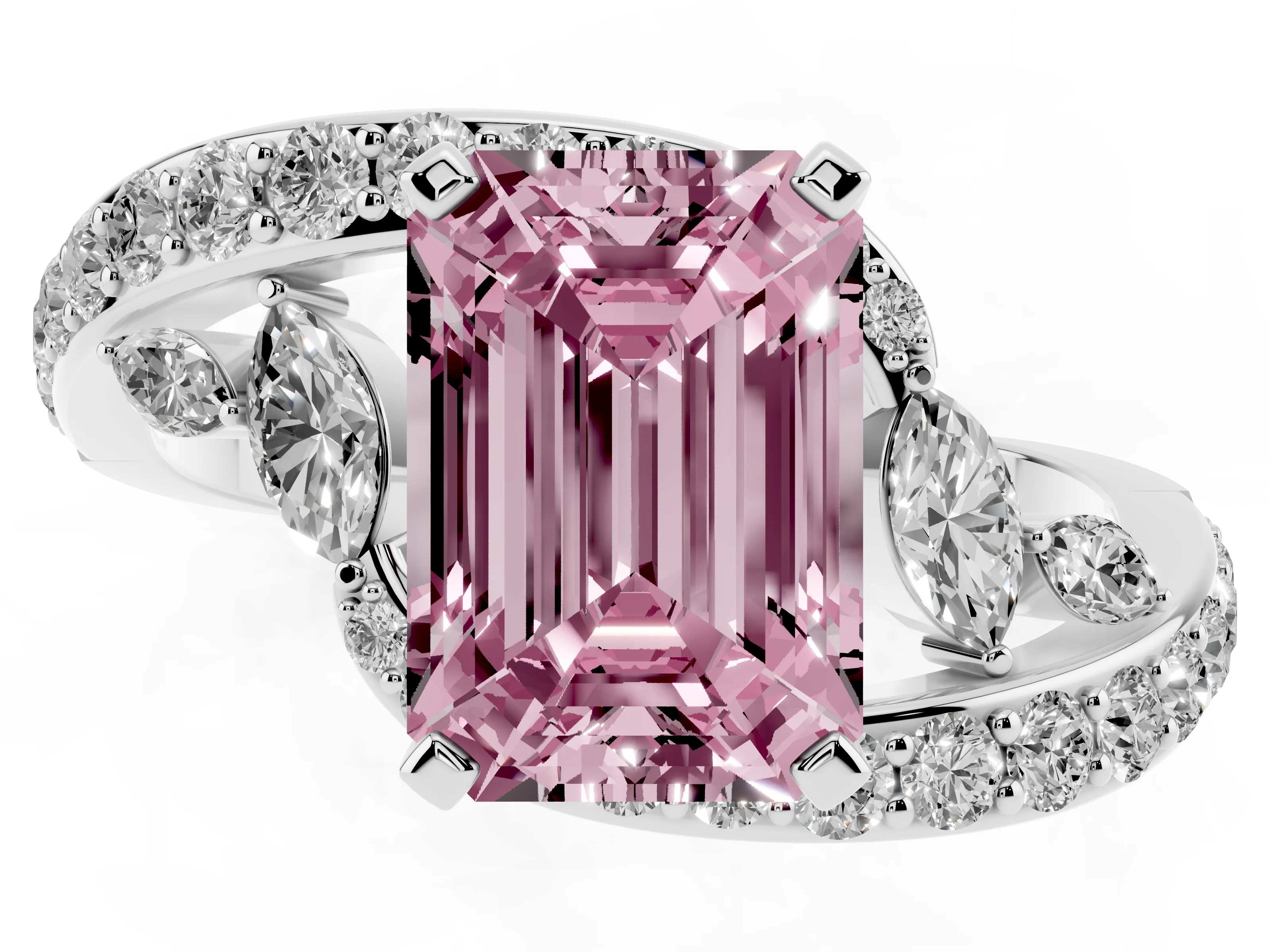 Fancy Pink Emerald Cut Diamond Solitaire Ring Set in Silver with Pavé Twist Band and Secure Prong Setting